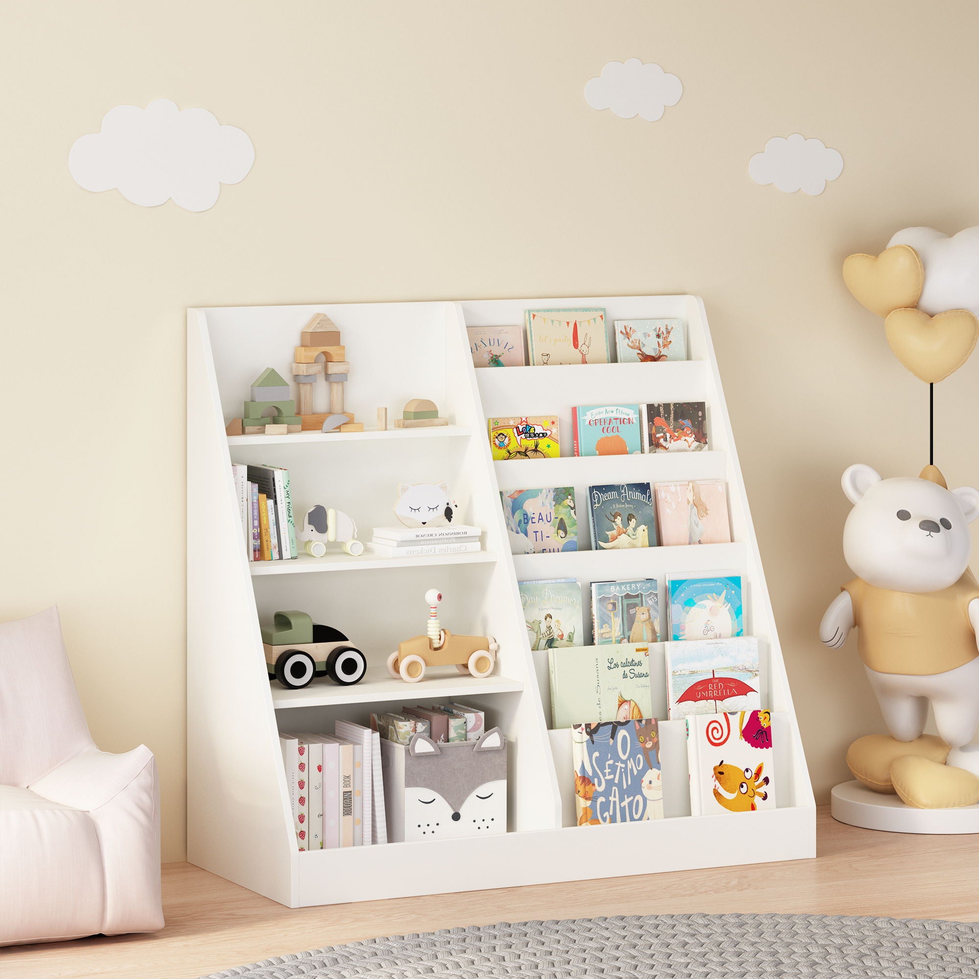 Bookshelf And Toy Storage Organizer, 4 Tier Bookcase With Display Stand For Playroom