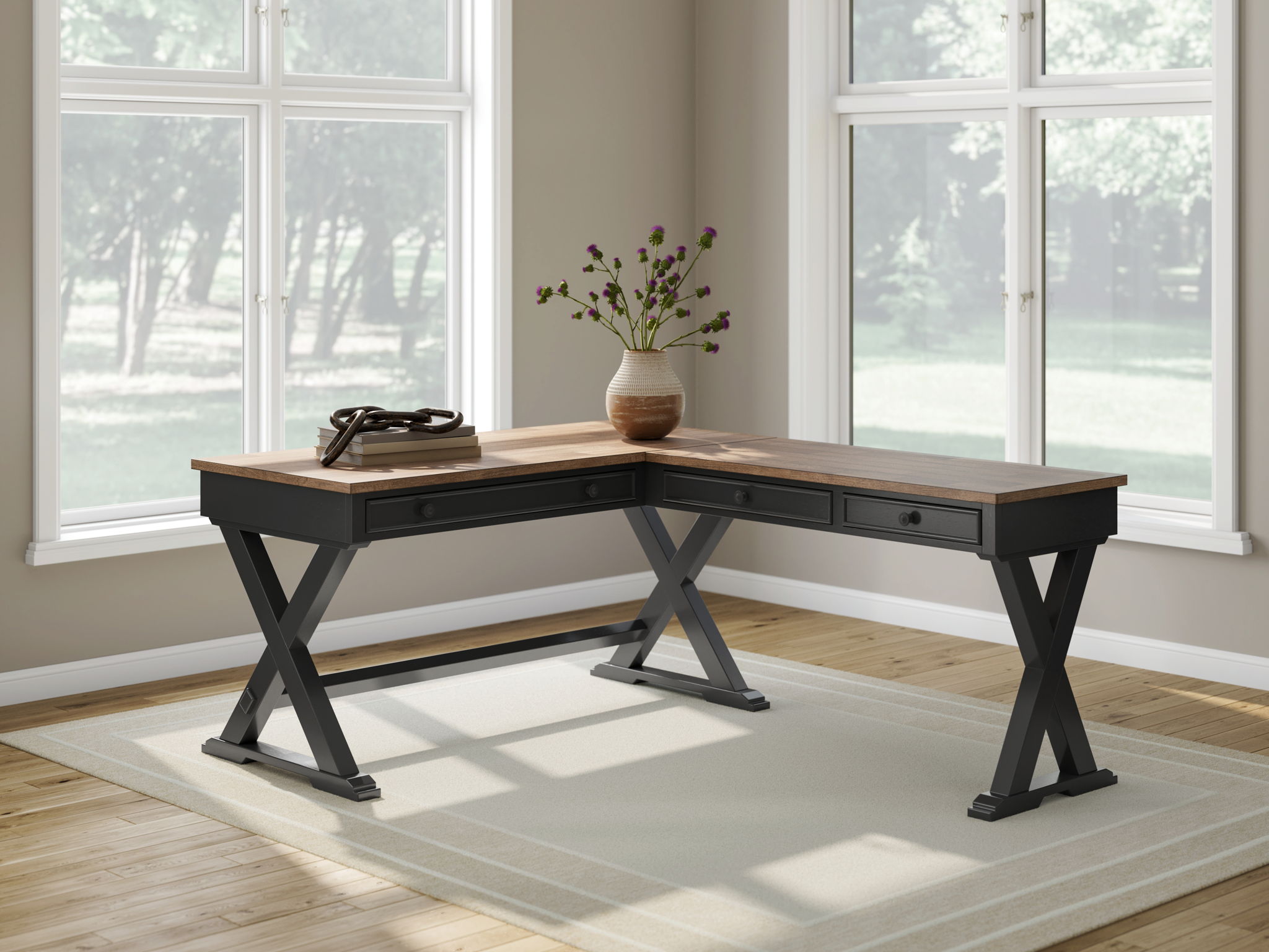 Wildenauer - Brown / Black - 4 Pc. - Home Office Desk And Return, Swivel Desk Chair, Bookcase