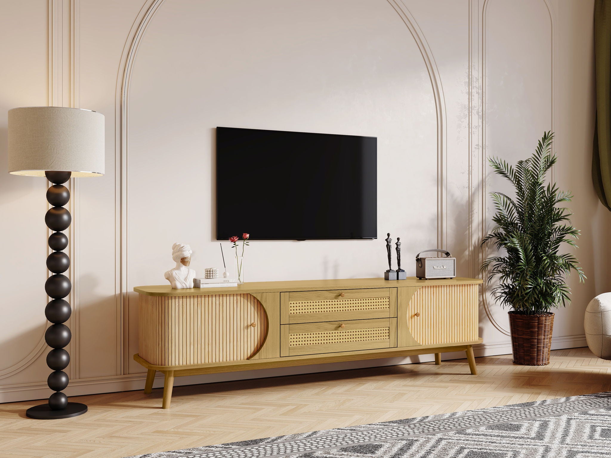 Rattan TV Stand For Tvs Up To 75'', Modern Farmhouse Media Console, Entertainment Center With Legs, TV Cabinet For Living Room, Home Theatre - Natural Wood