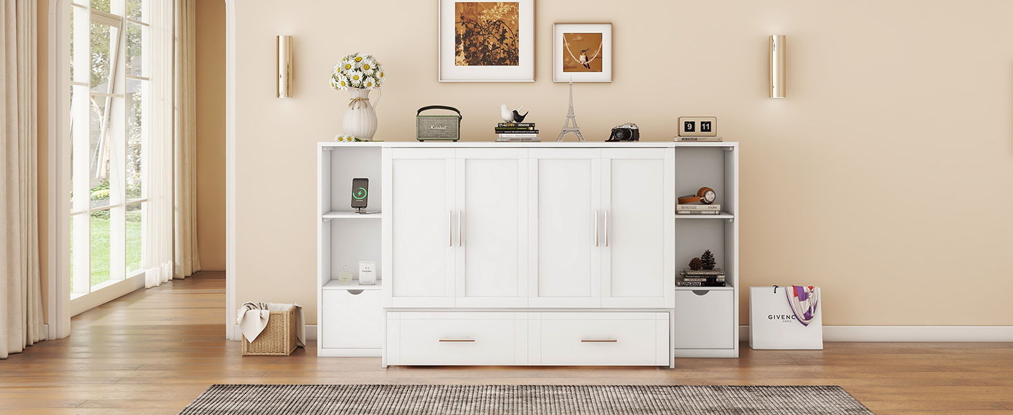 Murphy Bed With Shelves, Drawers And USB Ports