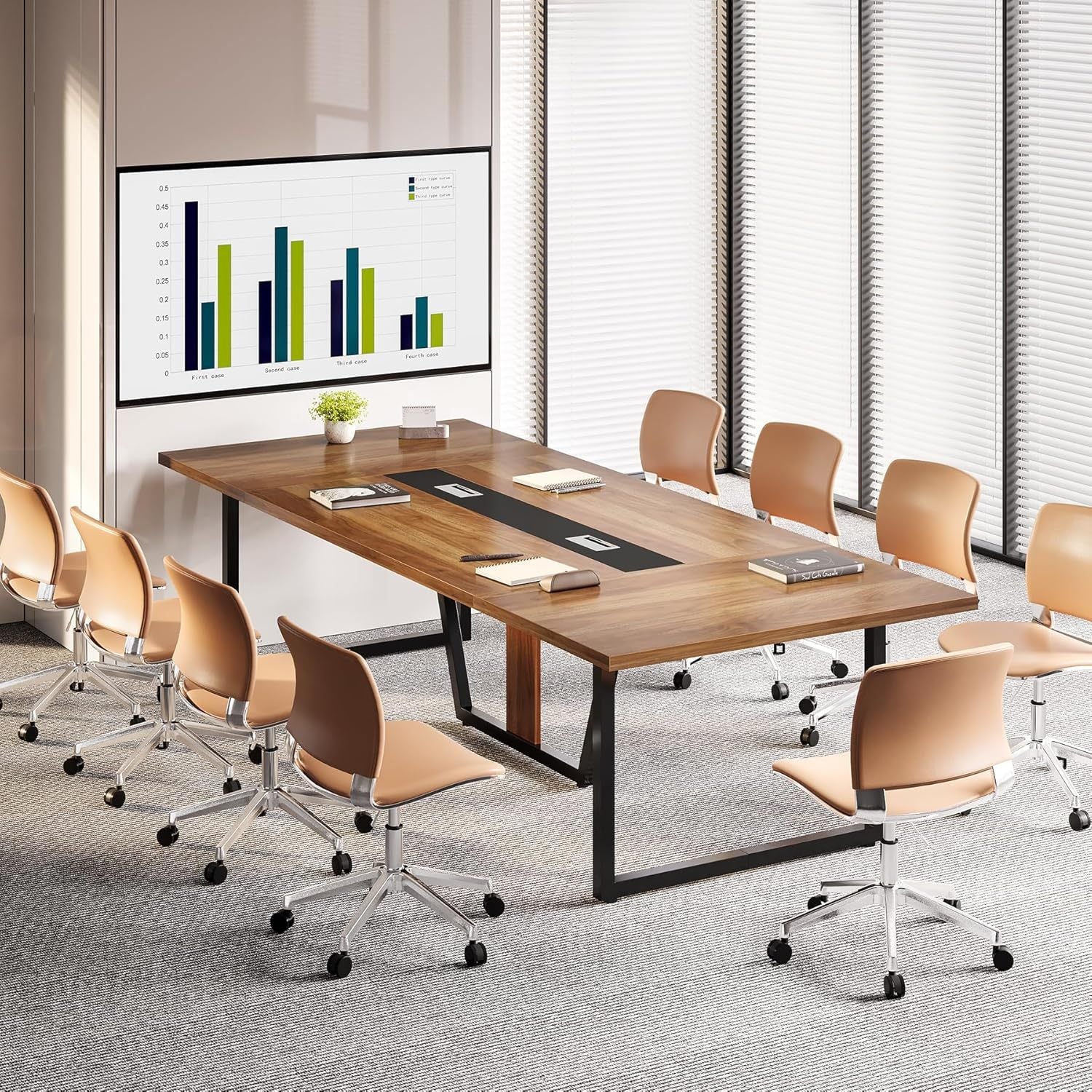 94.5' Large Conference Table for 8-10 People, Modern Office Meeting Table with Cable Management, Heavy-Duty Metal Legs, Training & Boardroom Furniture, Brown Walnut Finish