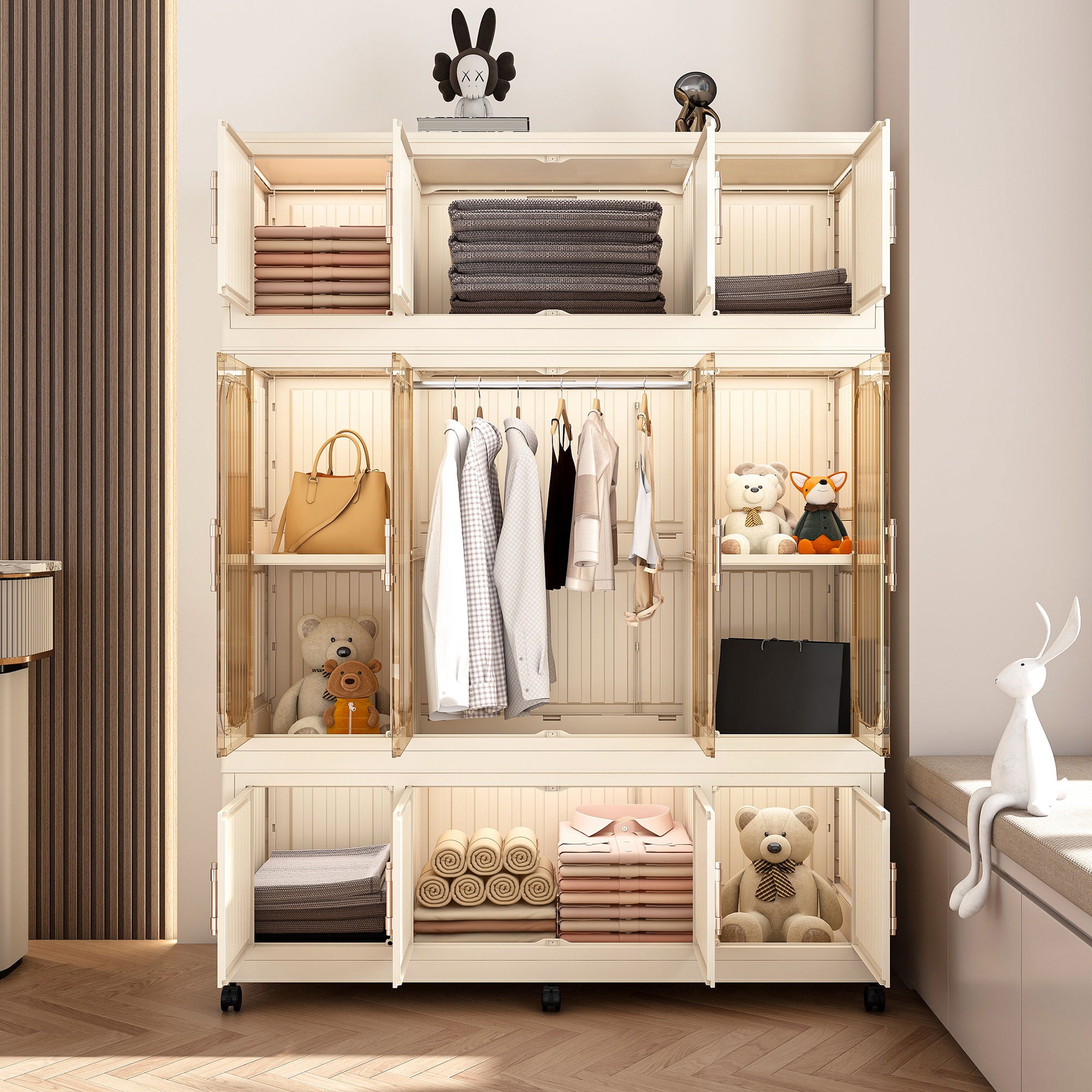 Portable Wardrobe Closet Storage Organizer With 12 Magnetic Doors, 12 Cubes, Hanging Rod & 6 Hangers - Creamy White