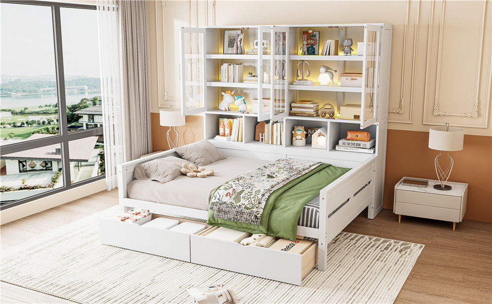 Daybed With Glass Door Storage Cabinets, Built In LED Lighting And Shelves