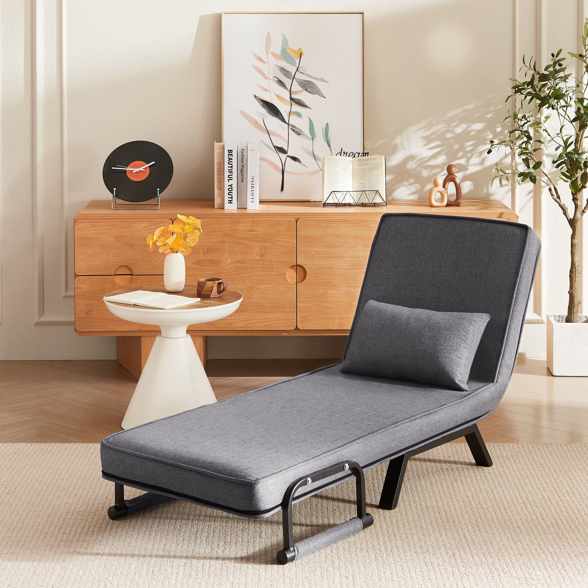 Convertible 5 In 1 Folding Chair Bed With Adjustable Backrest & Pillow Linen