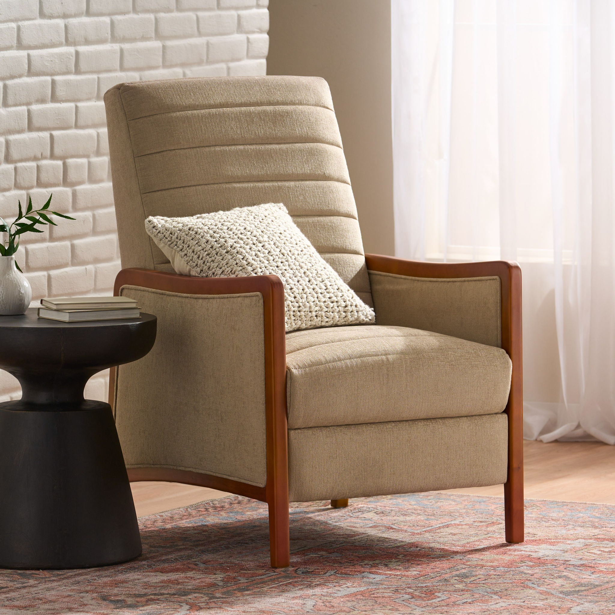 Mid Century Modern Fabric Channel Stitch Wood Pushback Recliner - Best Buy Furniture