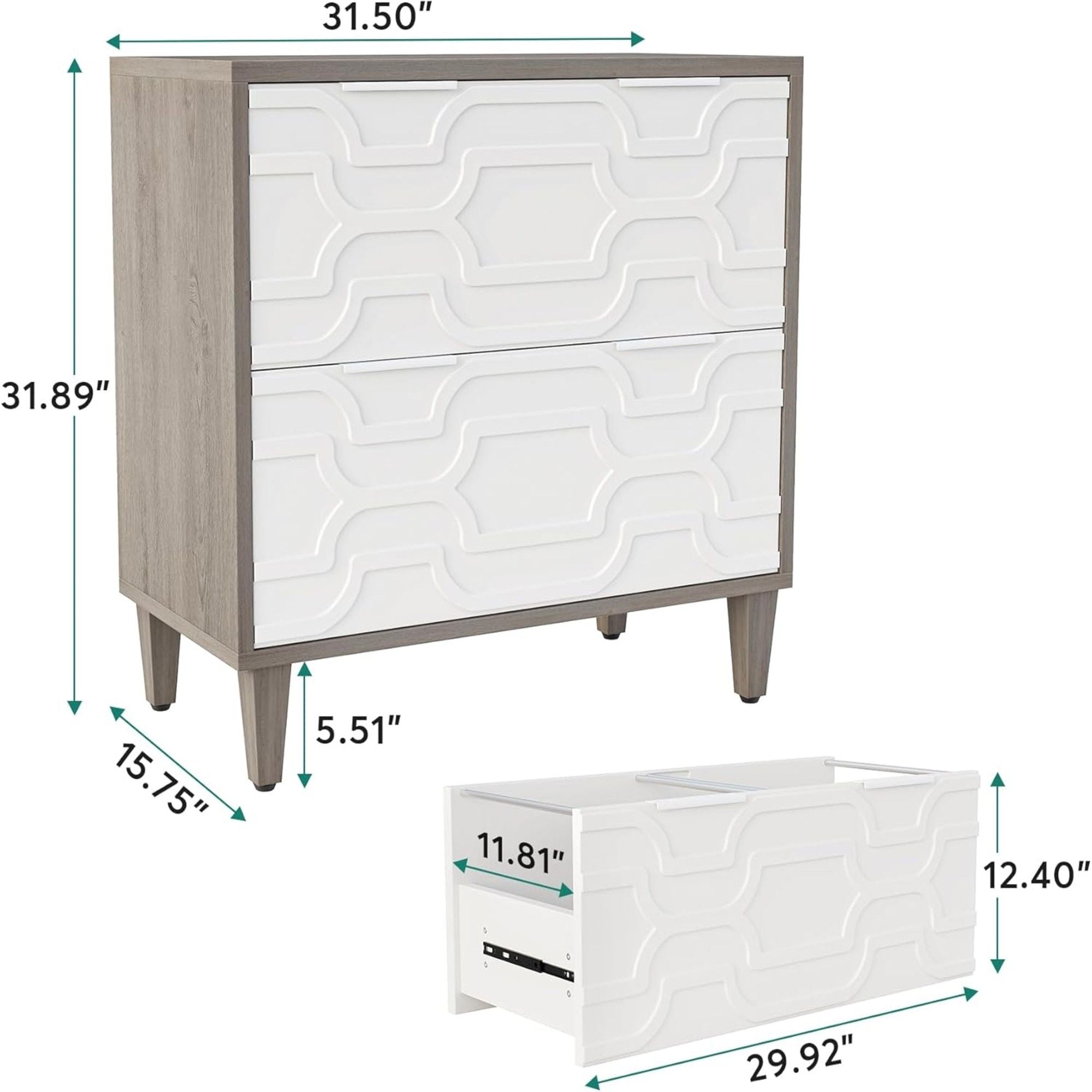 2 Drawer Lateral File Cabinet, Fits A4 / Letter / Legal - Gray / White