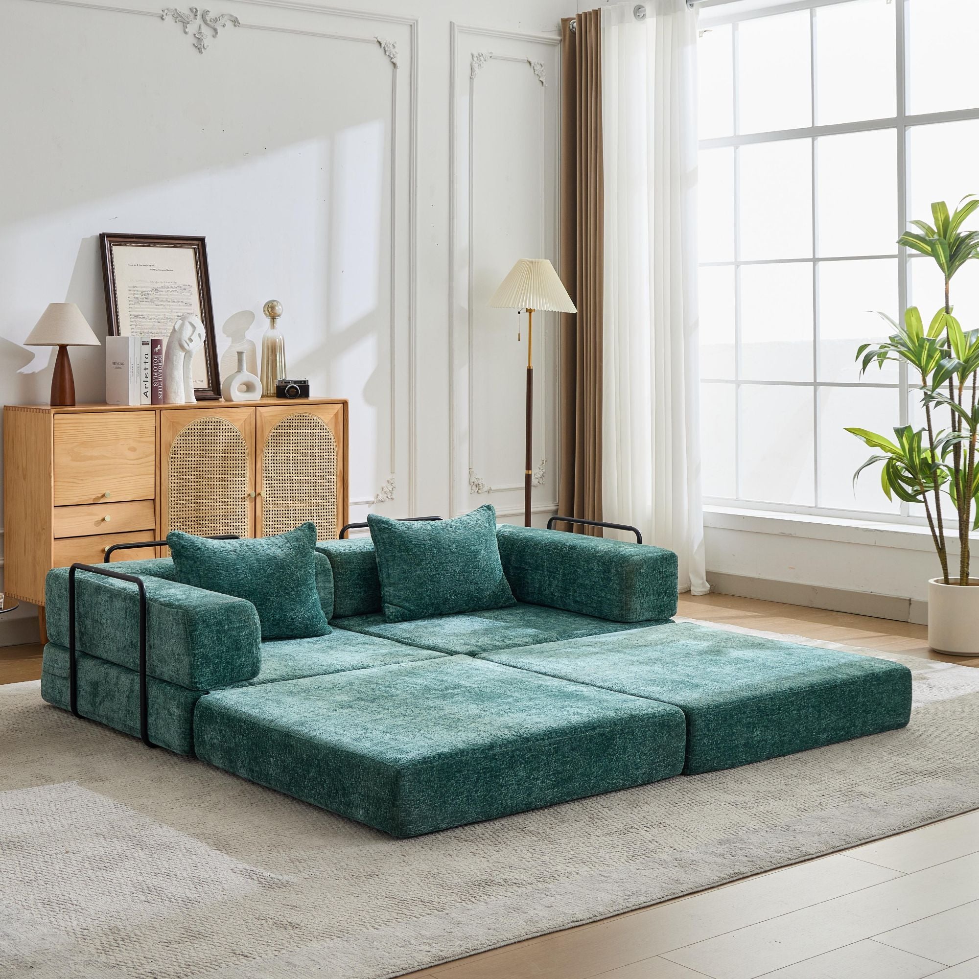 Convertible Floor Sofa Bed With Fixed Shape Frame, Loveseats Boneless Modular Sectional, For Living Room - Dark Green