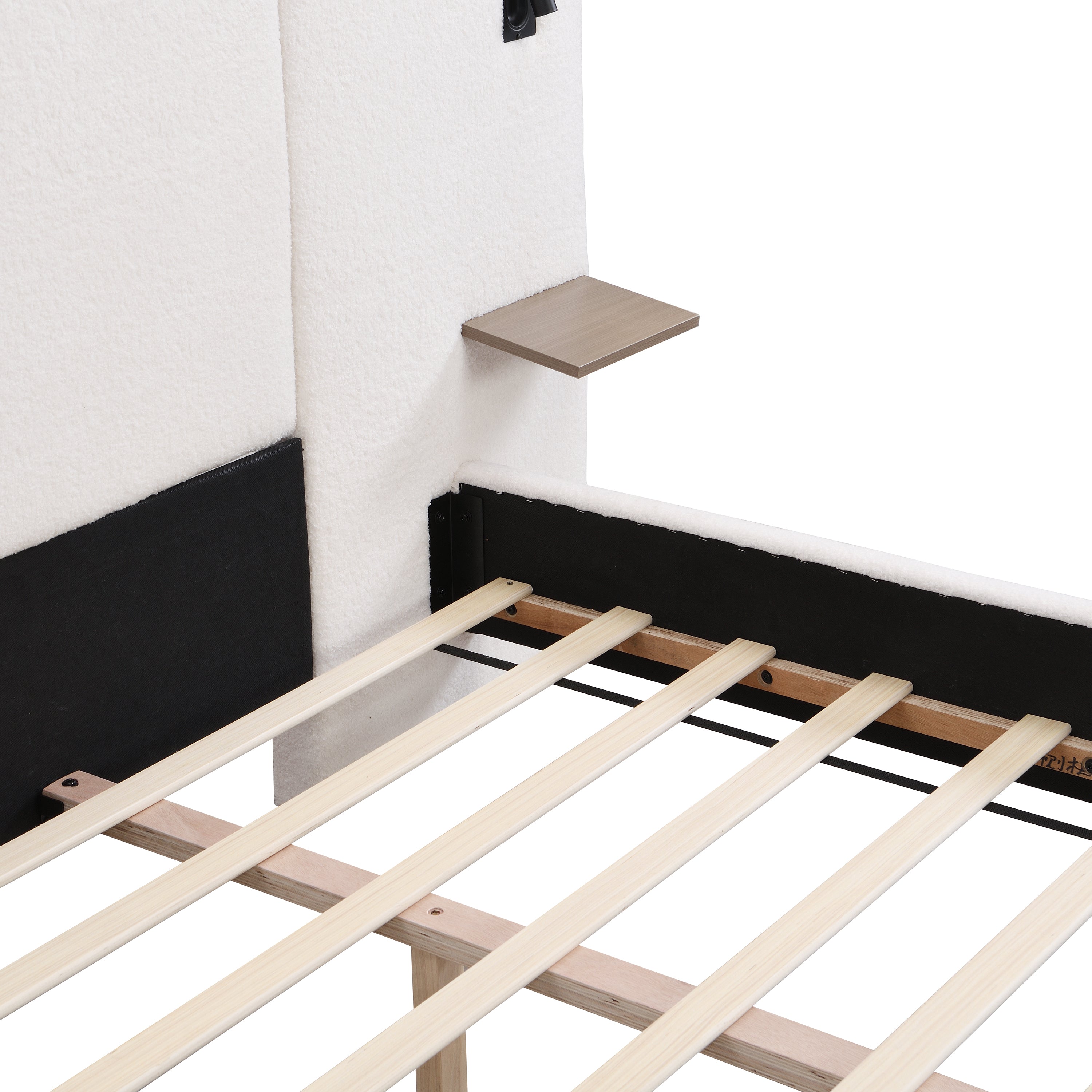 Chic Boucle Upholstered Bed with Integrated Lights and Shelves, White, King - Best Buy Furniture