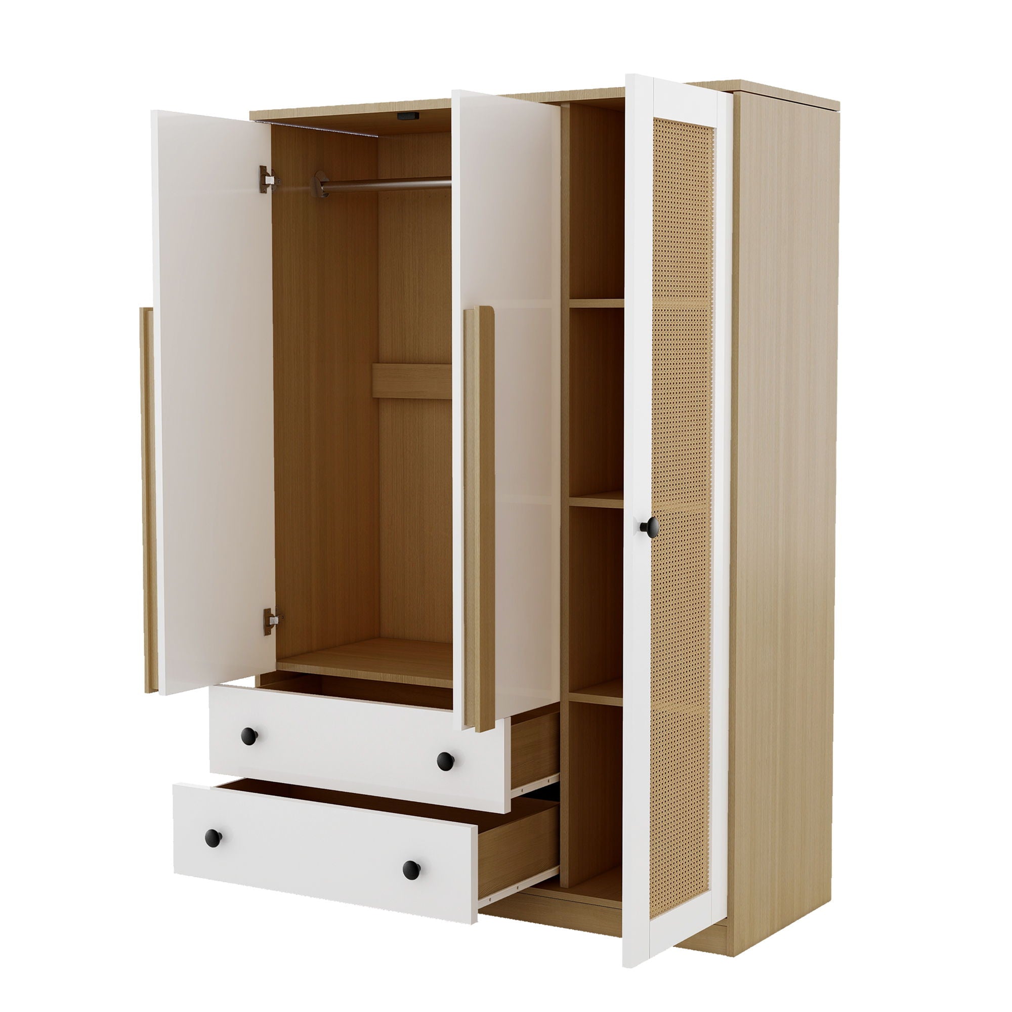 3 Doors Rattan Wardrobe Storage For Bedroom, With 2 Drawers