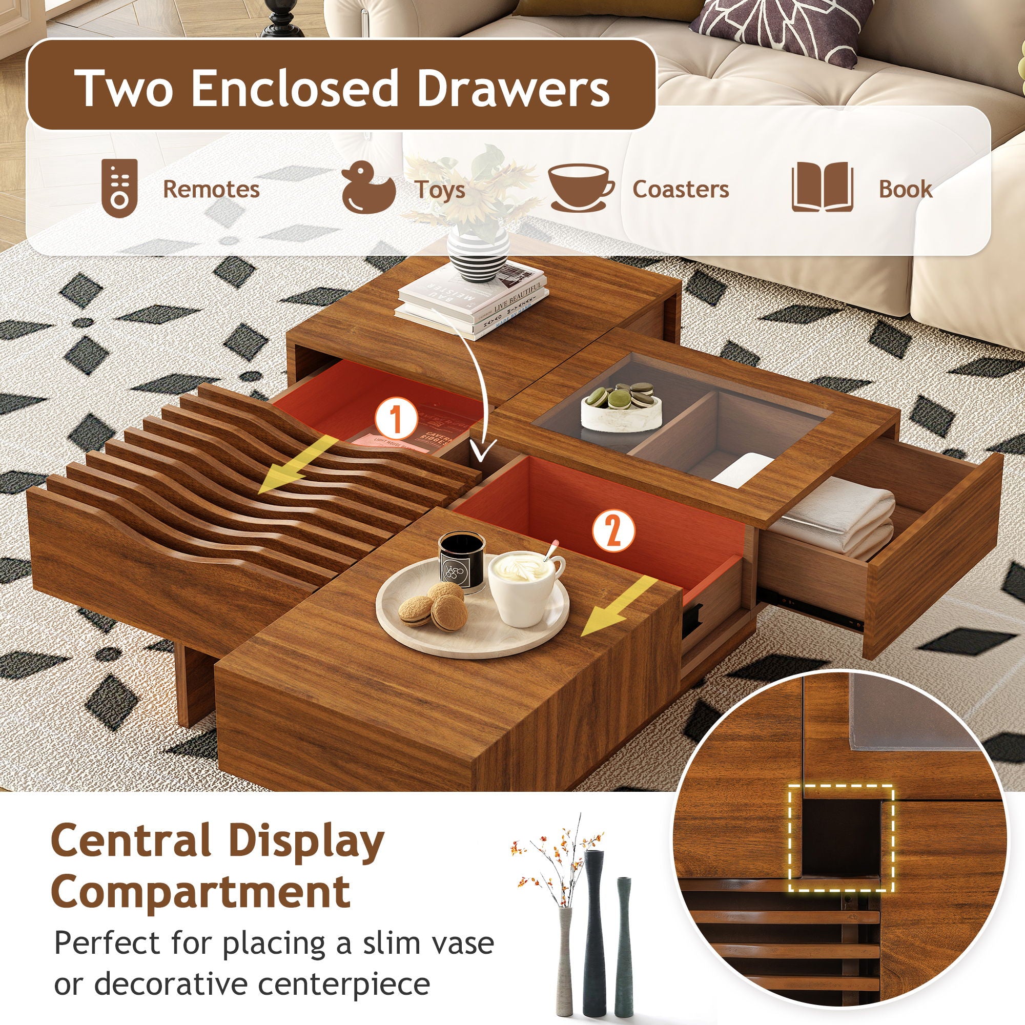 Unique Square Coffee Table With 3 Drawers