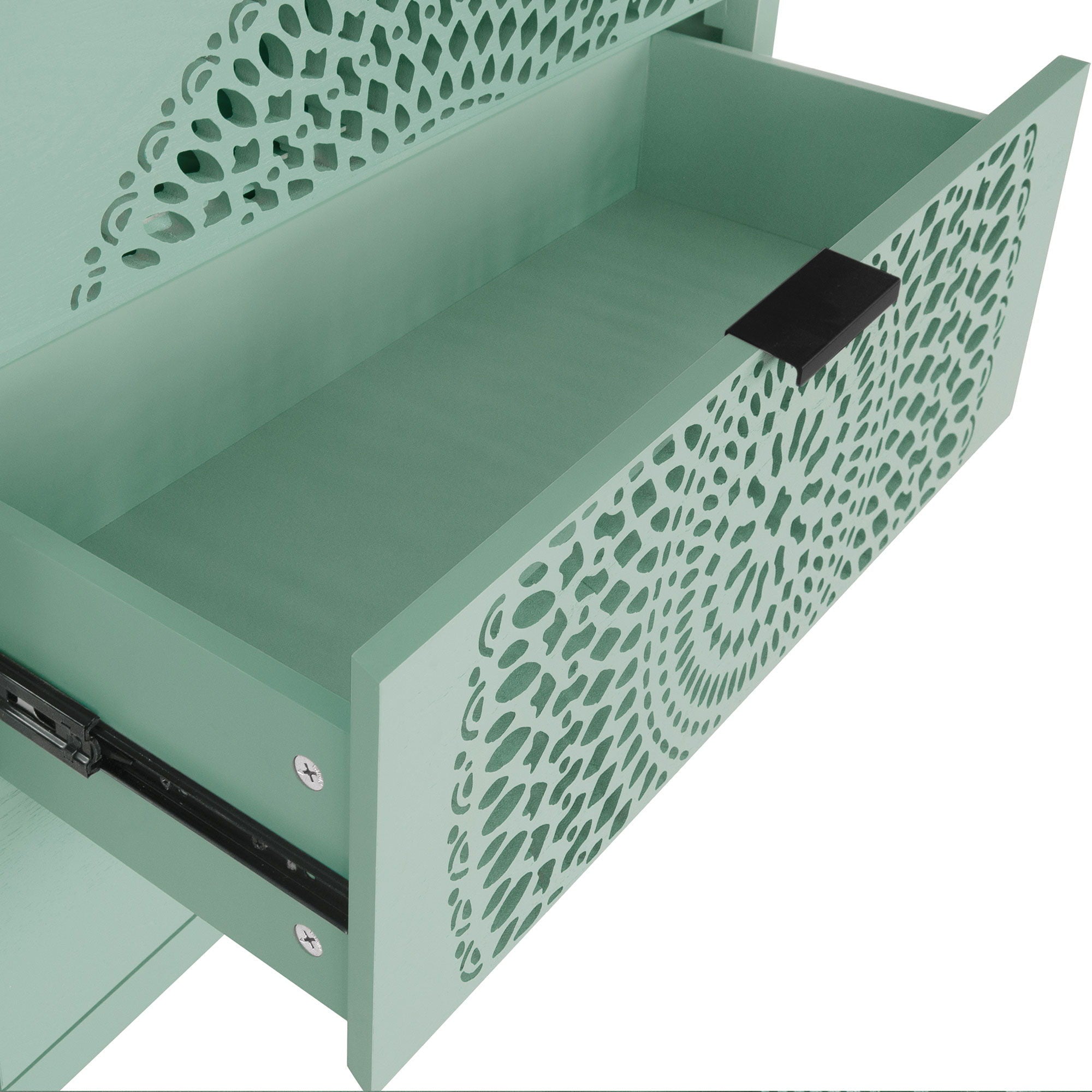 3 Drawer Storage Cabinet With Hollow Carved Design And Metal Handles, Chest For Entryway, Living Room Or Bedroom - Light Green - Best Buy Furniture