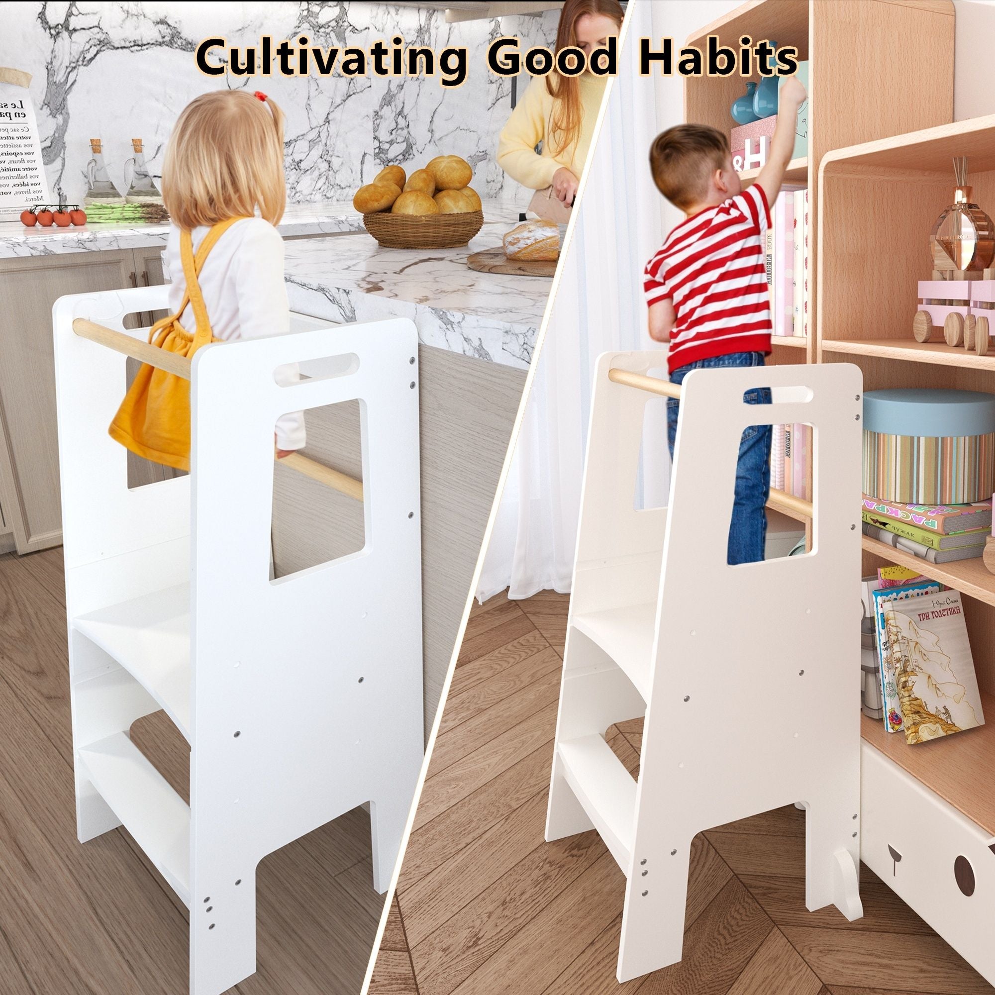 Standing Tower, Child Kitchen Step Stool Toddler, Montessori Stool Adjustable Height - White