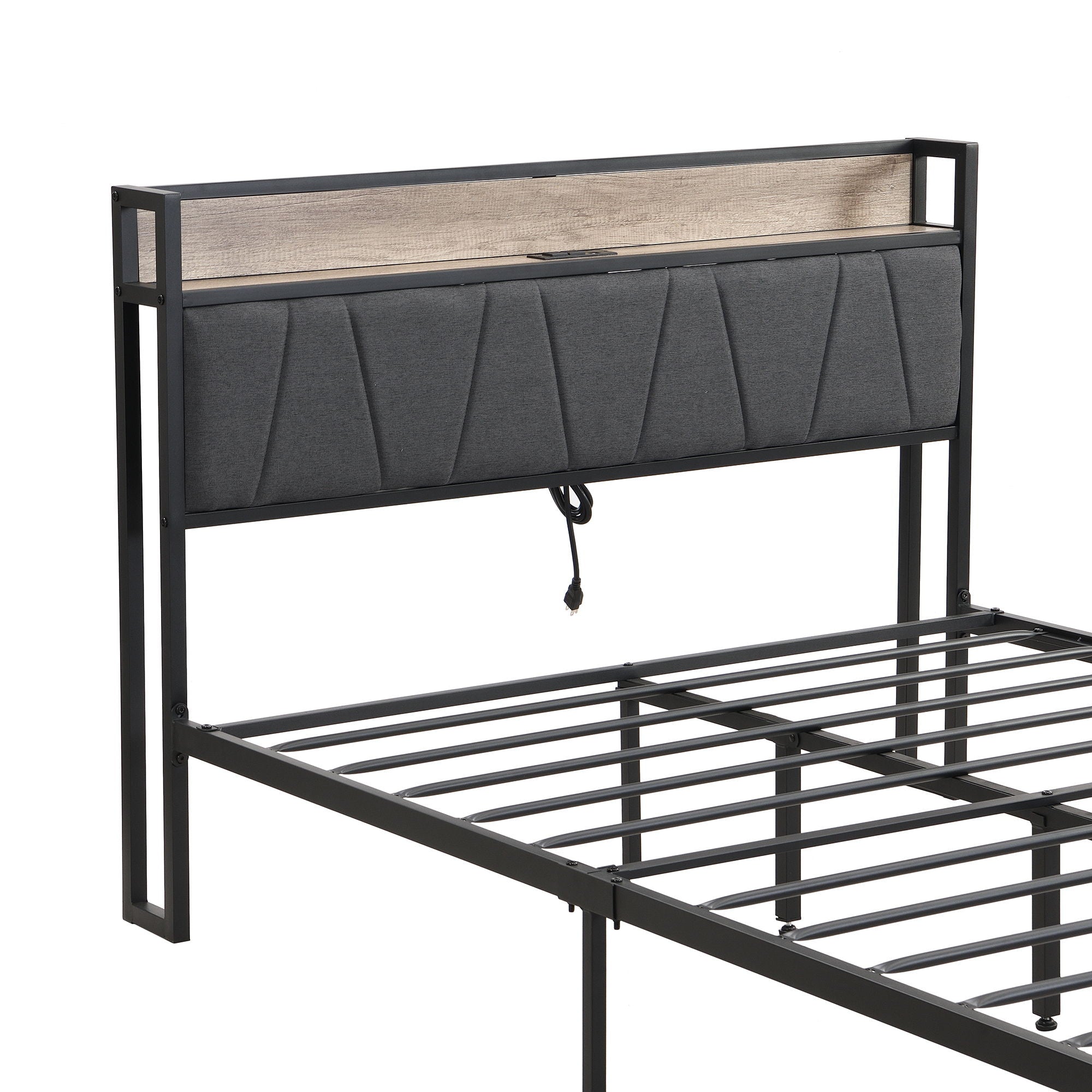 Modern Platform Bed Frame With Upholstered Storage Headboard, USB Ports