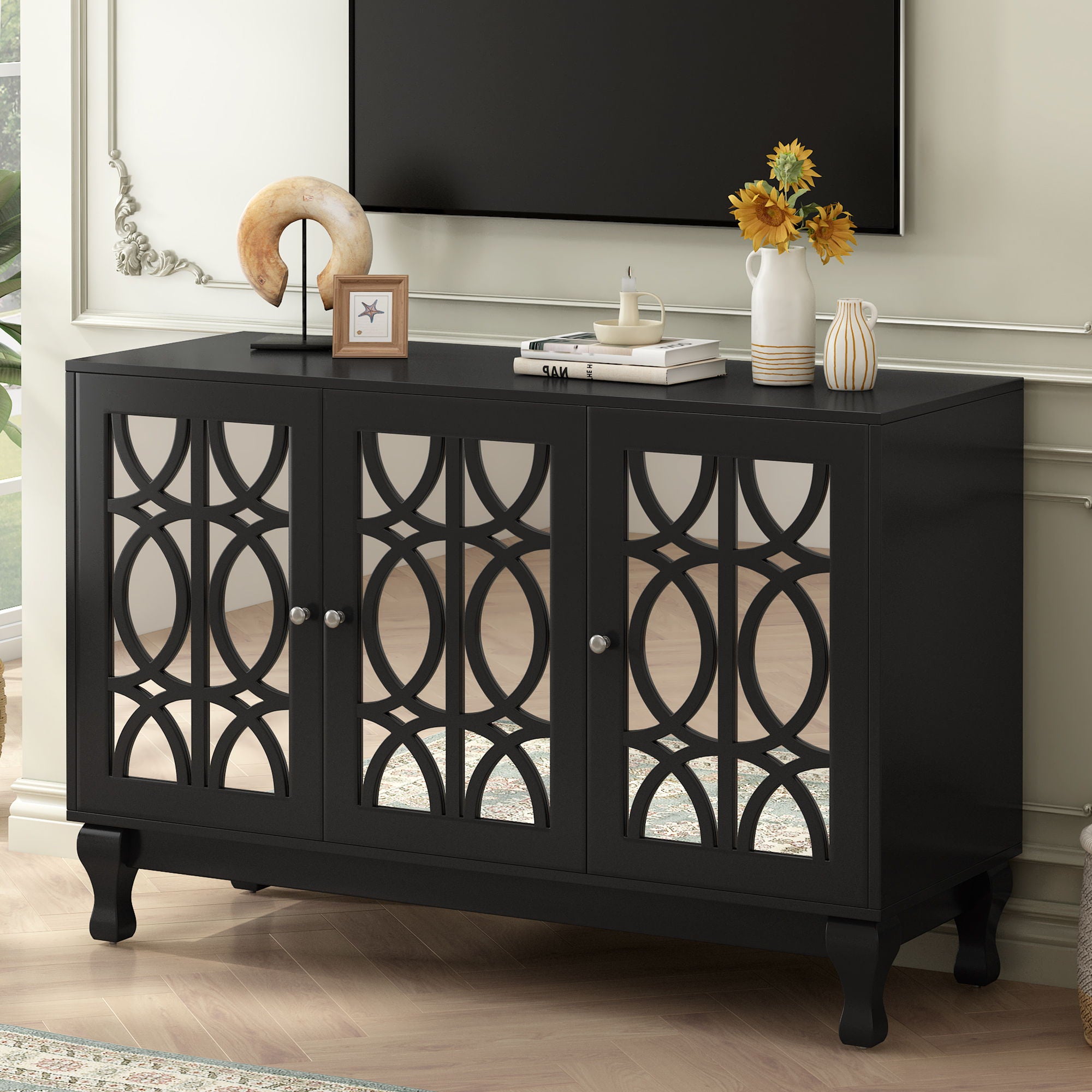 Modern Mirrored TV Stand, 3 Adjustable Shelves For Living Room