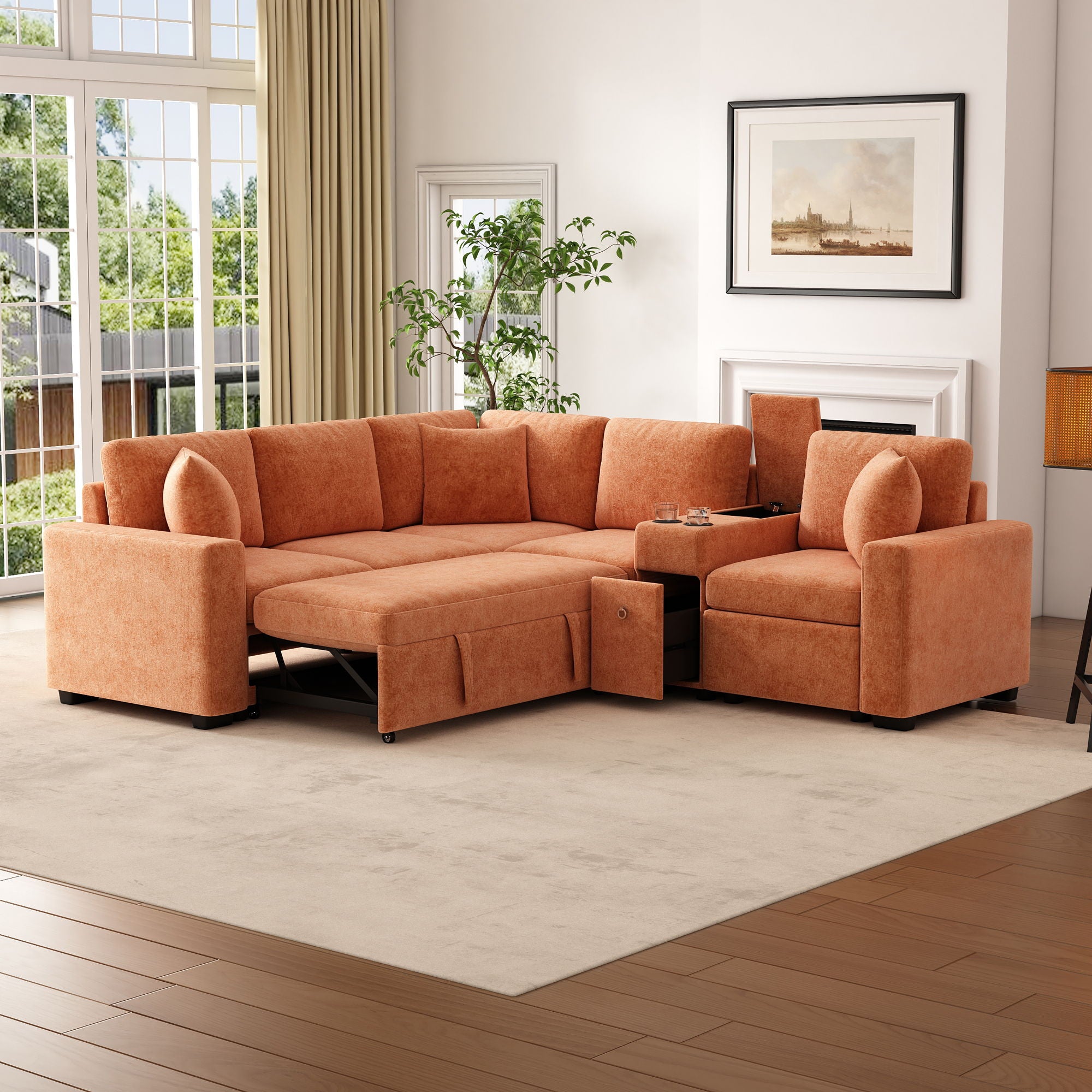 Modular L-Shaped Sectional Sofa Bed With Pull-Out Sleeper, Cup Holders, And Storage