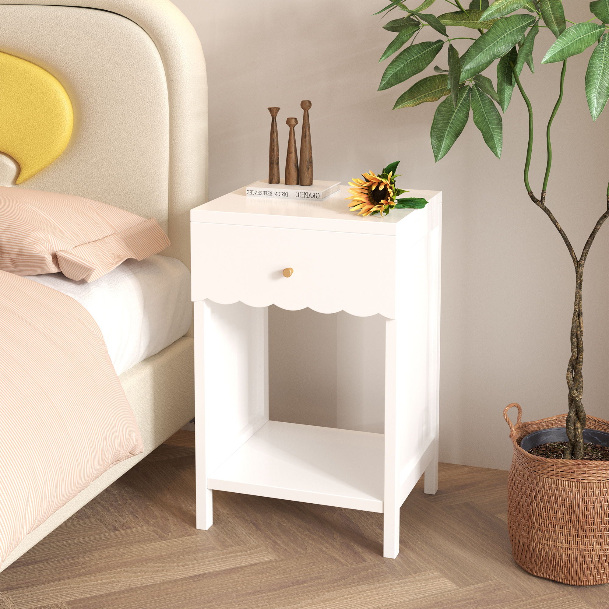 Nightstand With Drawer And Open Shelf, Scalloped Edge Bedside Table