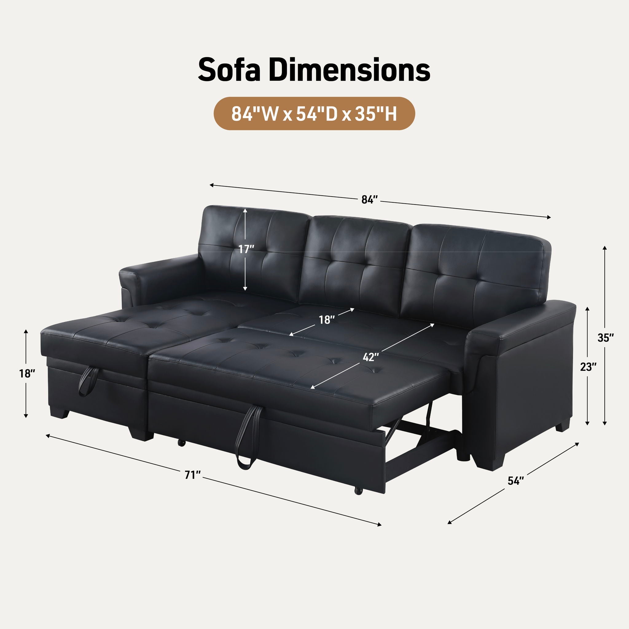Lexi - Vegan Leather Modern Reversible Sleeper Sectional Sofa With Storage Chaise