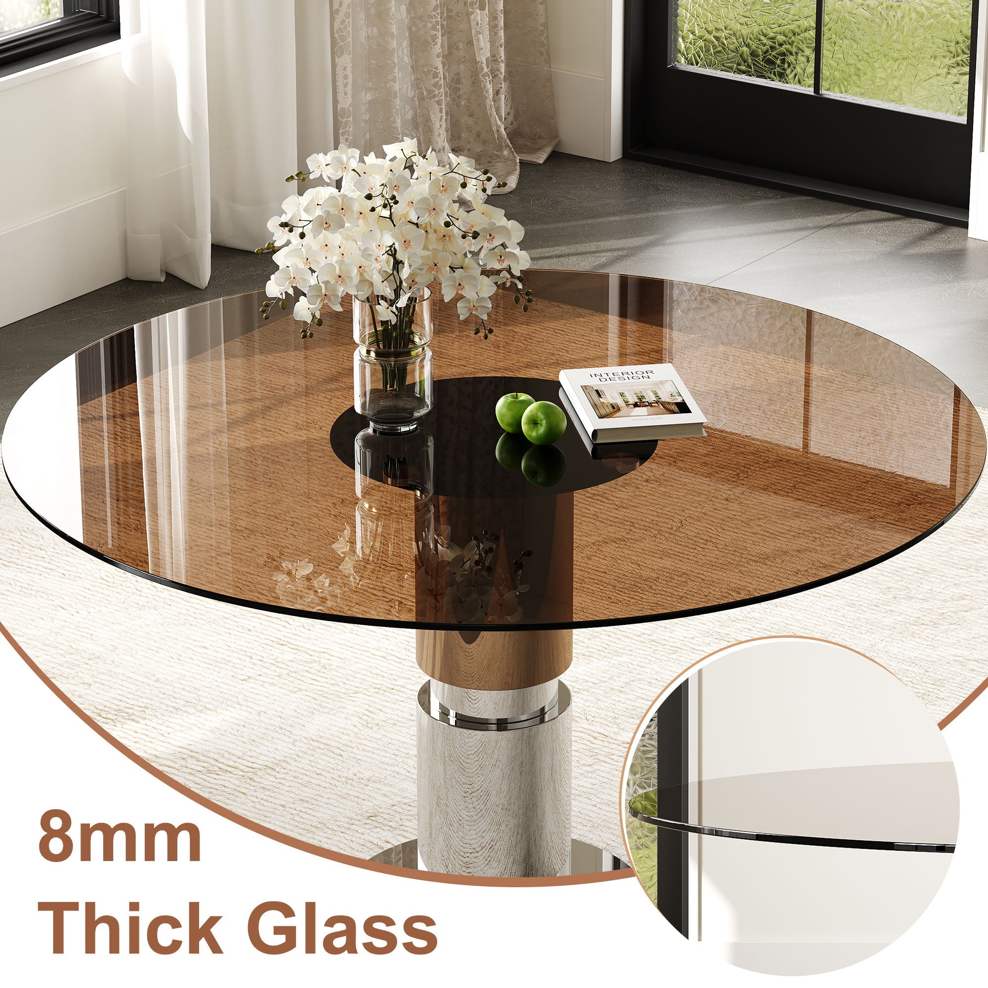 Round Glass Dining Table, Suitable For 2 - 4 People - Brown