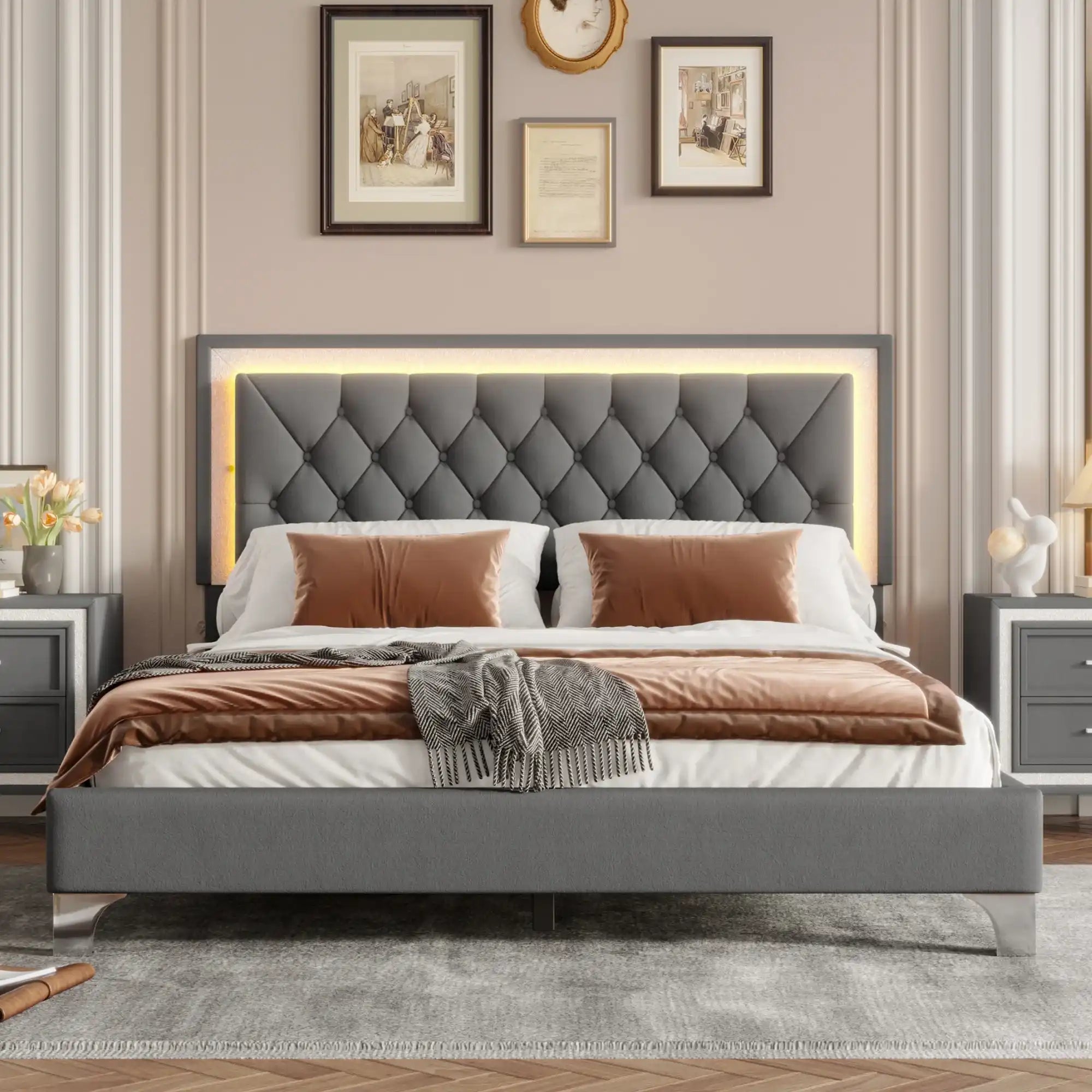 Queen Platform Bed Frame with LED Lights | Modern Velvet Platform Bed