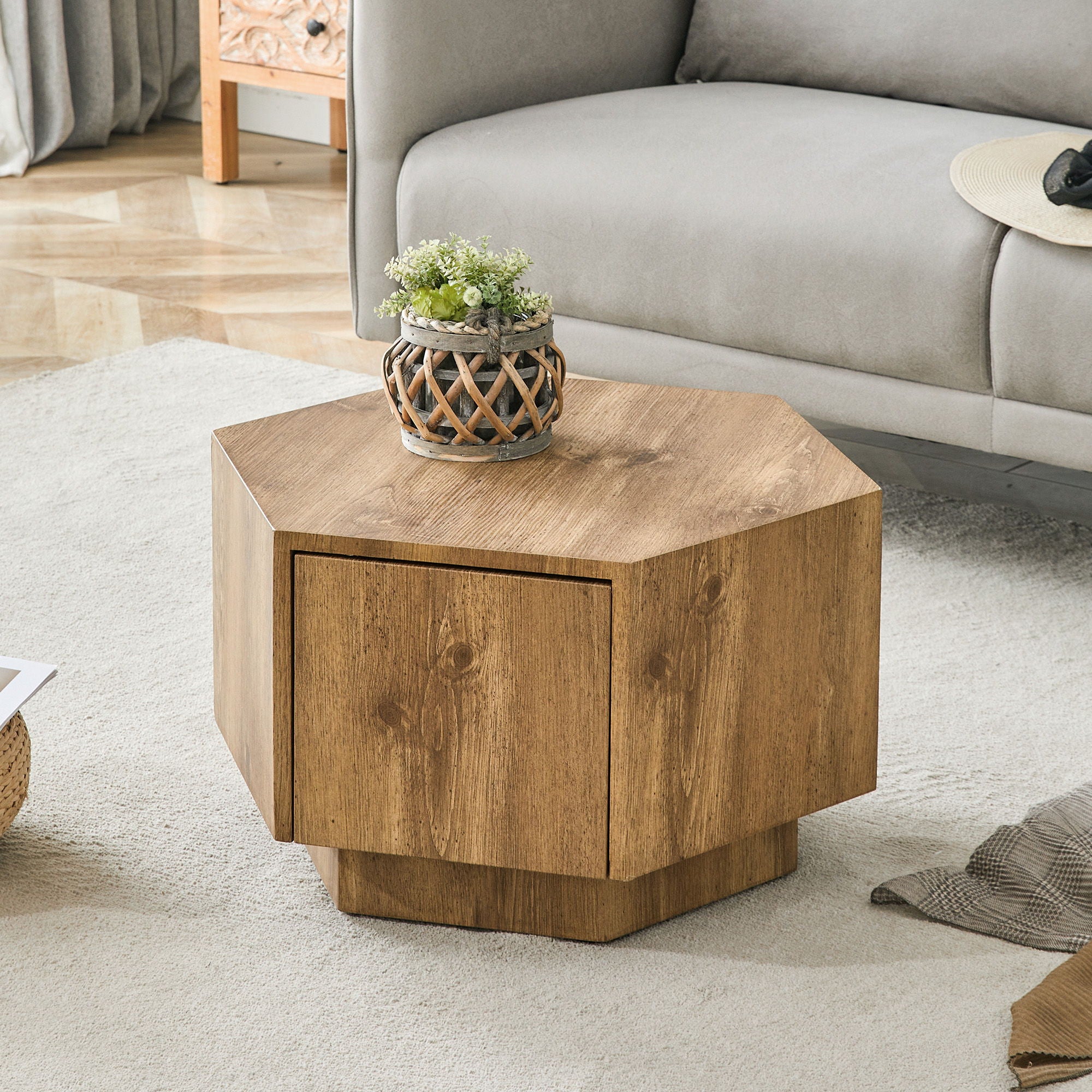 Hexagonal Coffee Table With Drawers - Wood