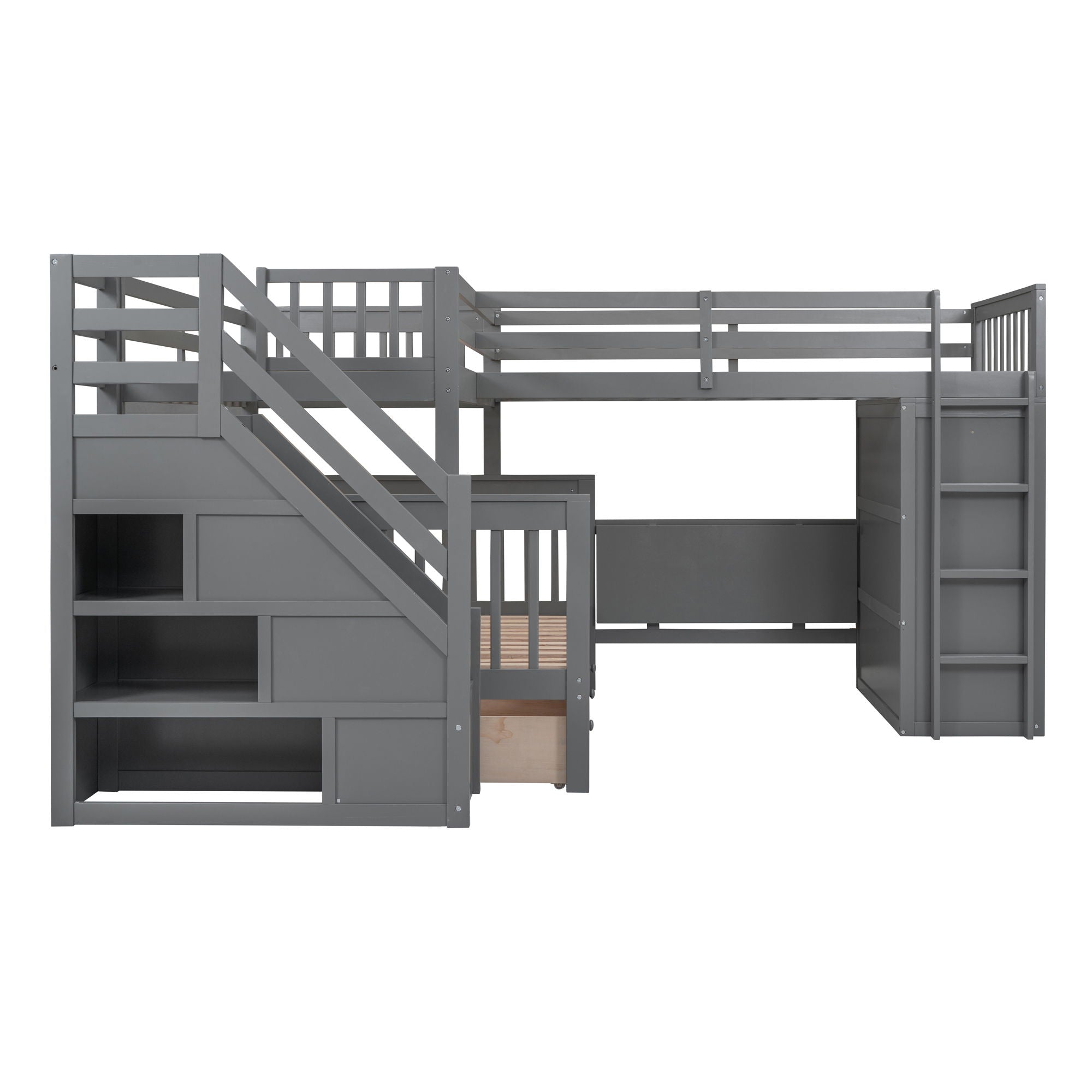 L Shaped Bunk Bed With 3 Drawers, Portable Desk And Wardrobe