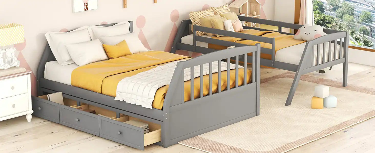 Twin-Over-Full Bunk Bed with Drawers，Ladder and Storage Staircase, Gray - Best Buy Furniture