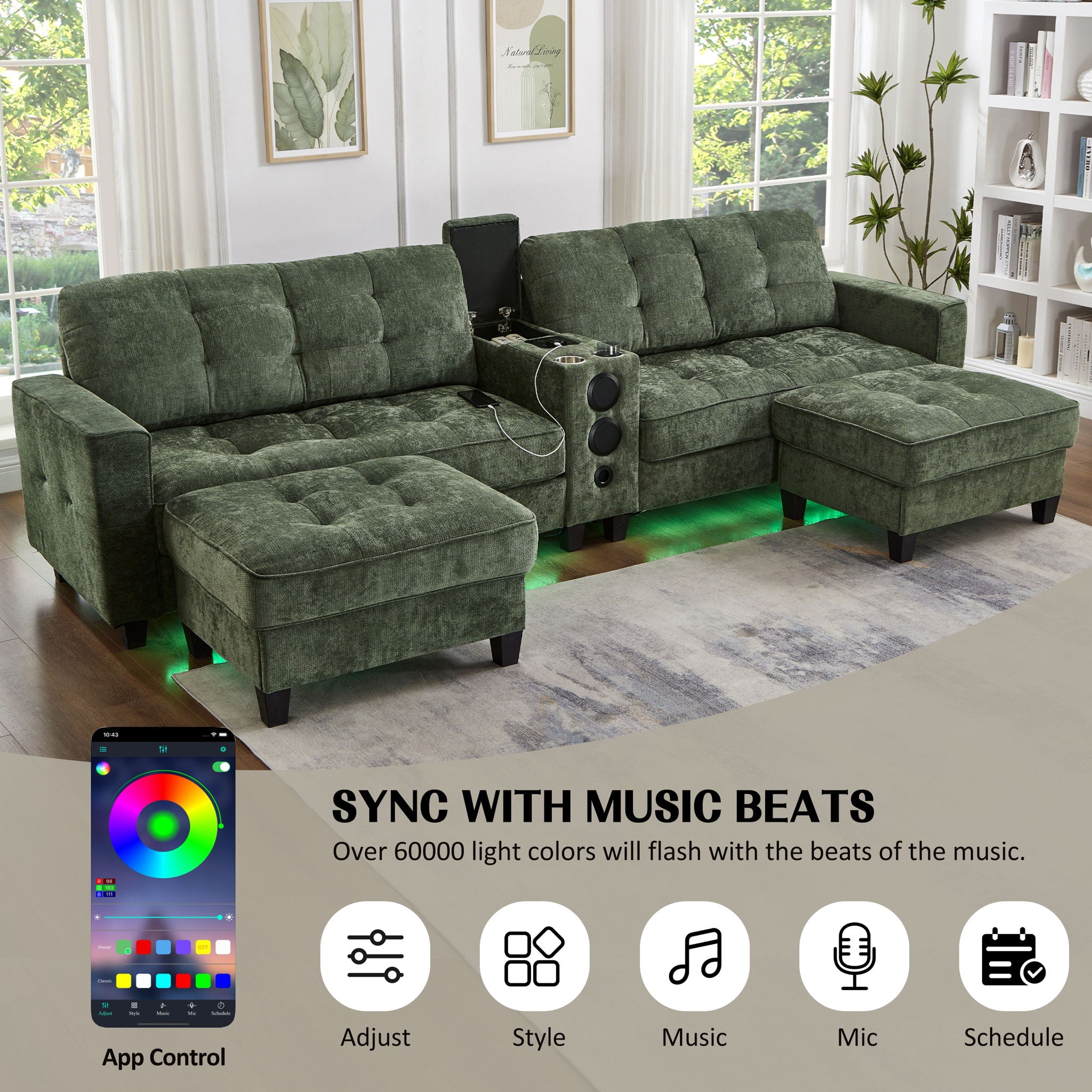 Modern Sectional Sofa U-Shaped With Movable Ottomans, Bluetooth Speakers, LED Lights And Modular Storage