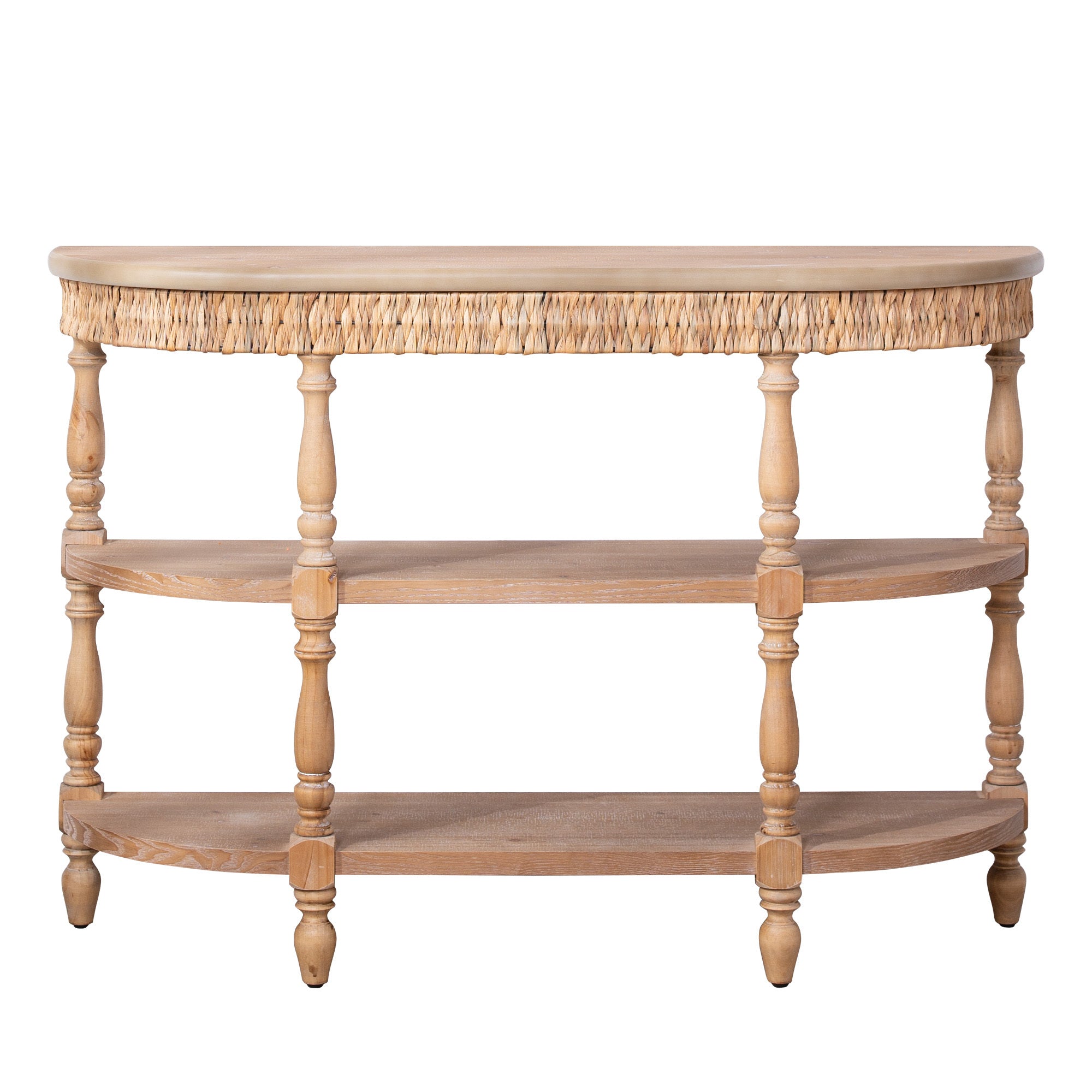 Handcrafted Wood Console Table with Hand-Woven Trim, 3-Tier Storage Shelves, Oval Entryway Table with Carved Legs, Rustic Coastal Farmhouse Accent Table, 49' Hallway Sofa Table