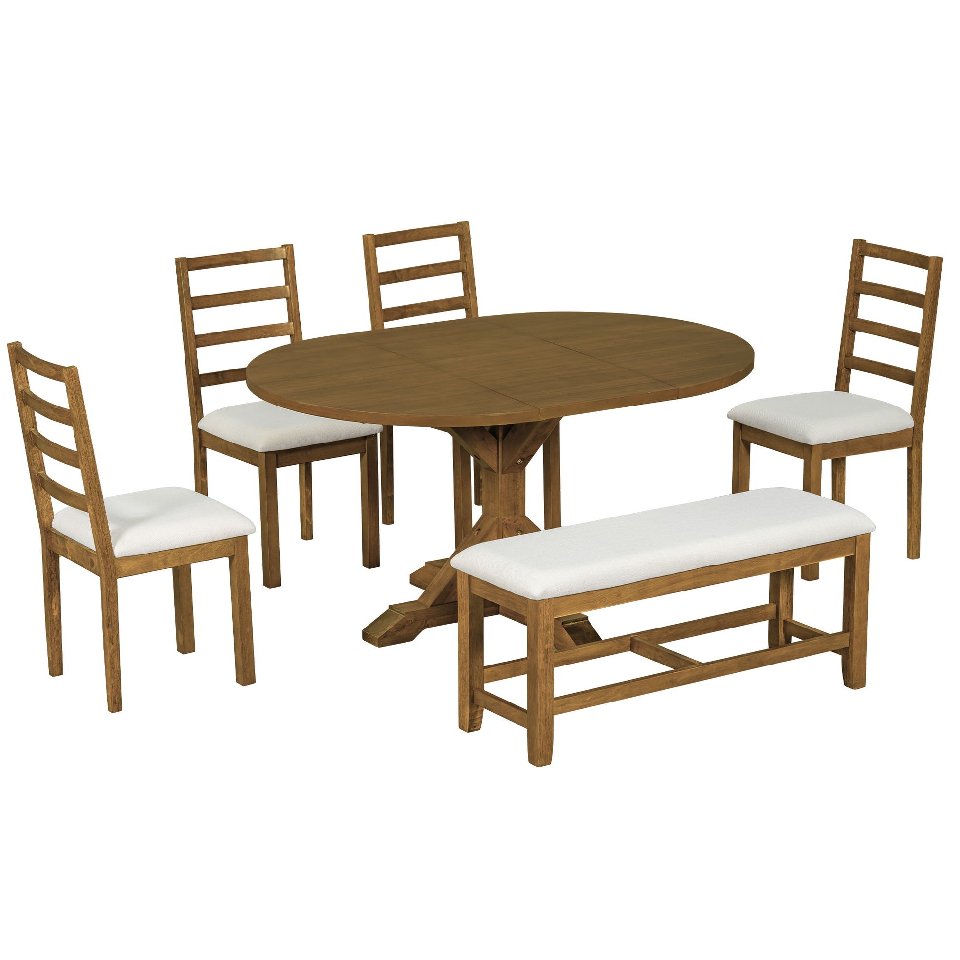 Topmax - 6 Piece Farmhouse Extendable Pedestal Dining Table Set With 18Inch Removable Leaf, Bench And 4 Ladder Back Dining Chairs - Best Buy Furniture