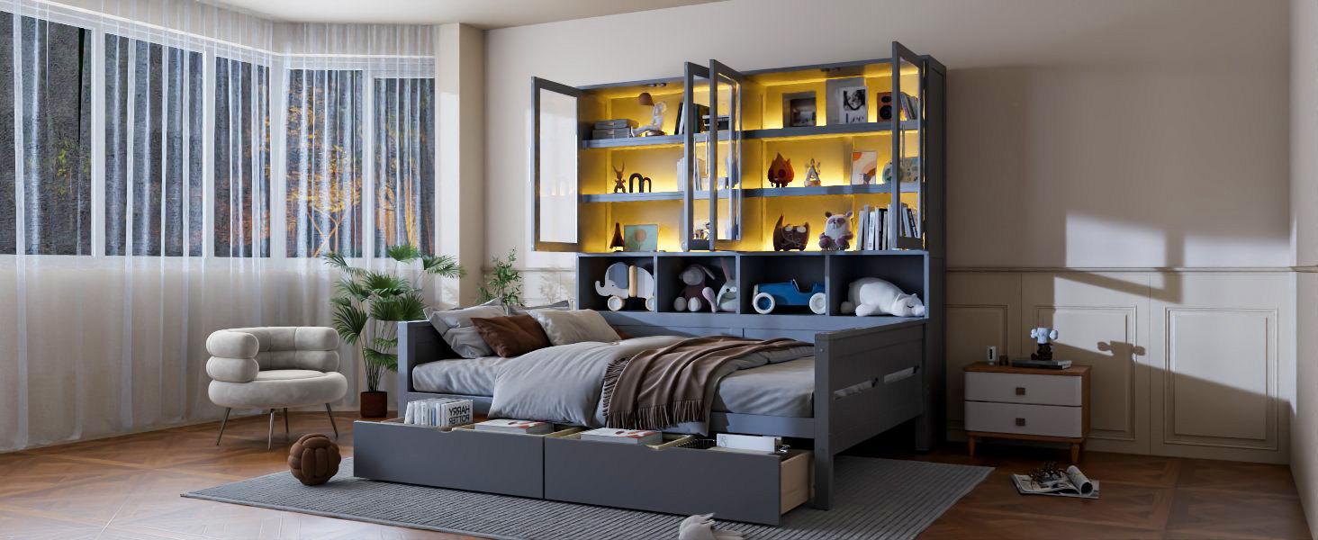 Daybed With Glass Door Storage Cabinets, Built In LED Lighting And Shelves