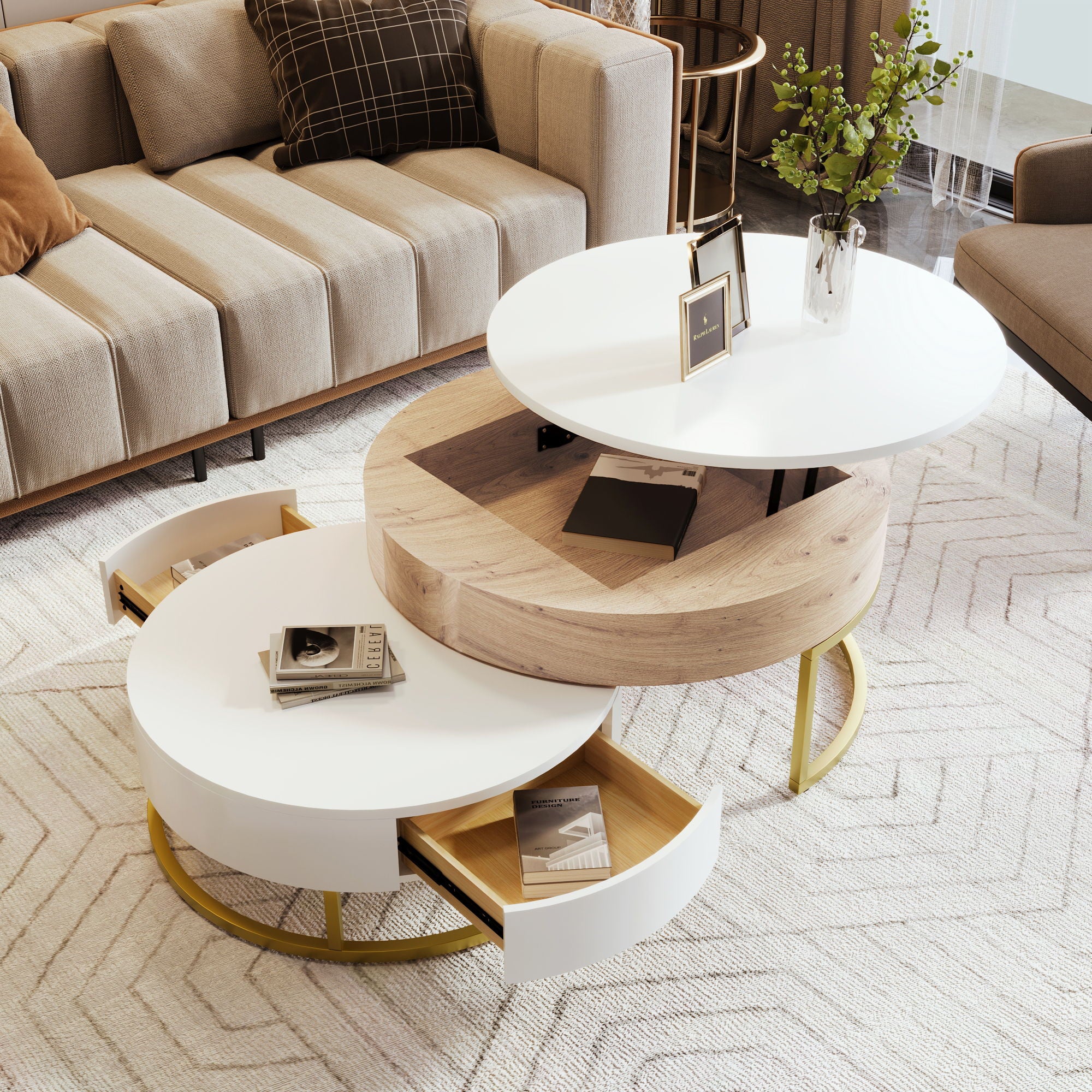 Modern Round Lift-Top Nesting Coffee Tables With 2 Drawers