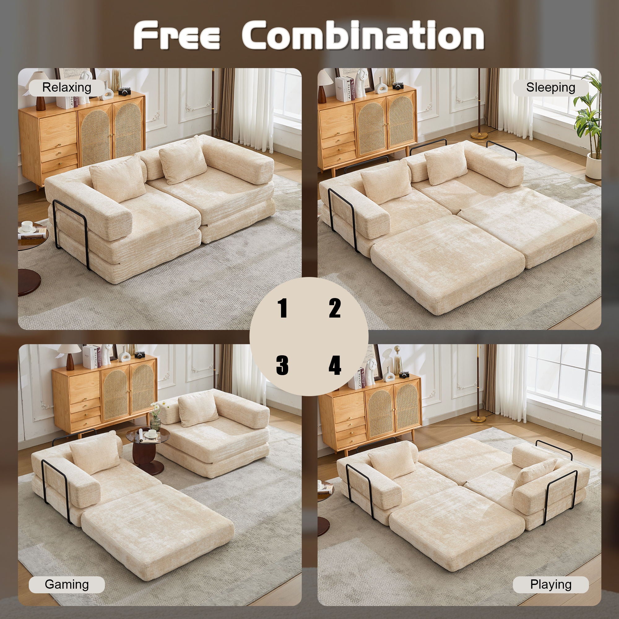 Convertible Floor Sofa Bed With Fixed Shape Frame, Loveseats Boneless Modular Sectional, For Living Room - Beige