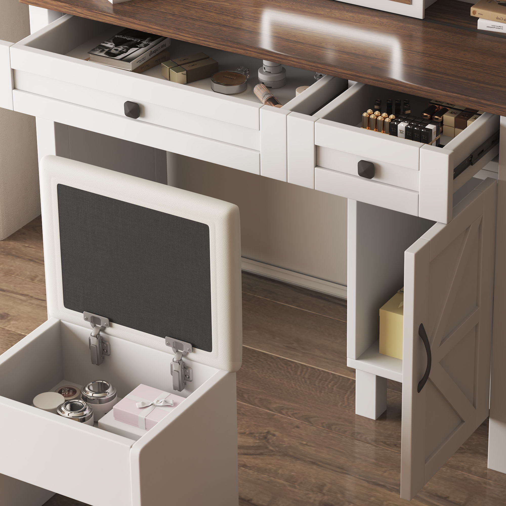 Rustic Farmhouse Makeup Vanity Desk With Sliding Mirror, LED Lights, And Charging Socket - White - Best Buy Furniture