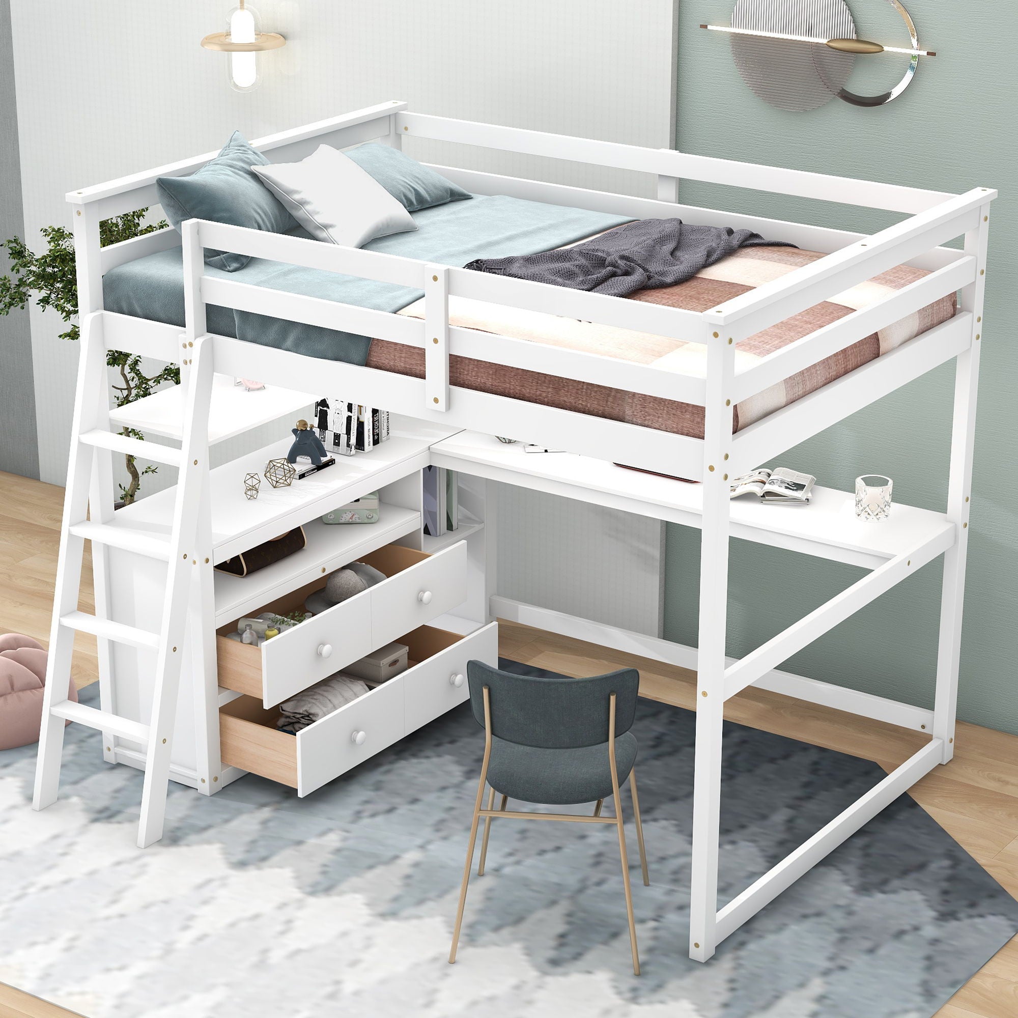 Modern Loft Bed With Built In Desk, Shelves, And 2 Drawers
