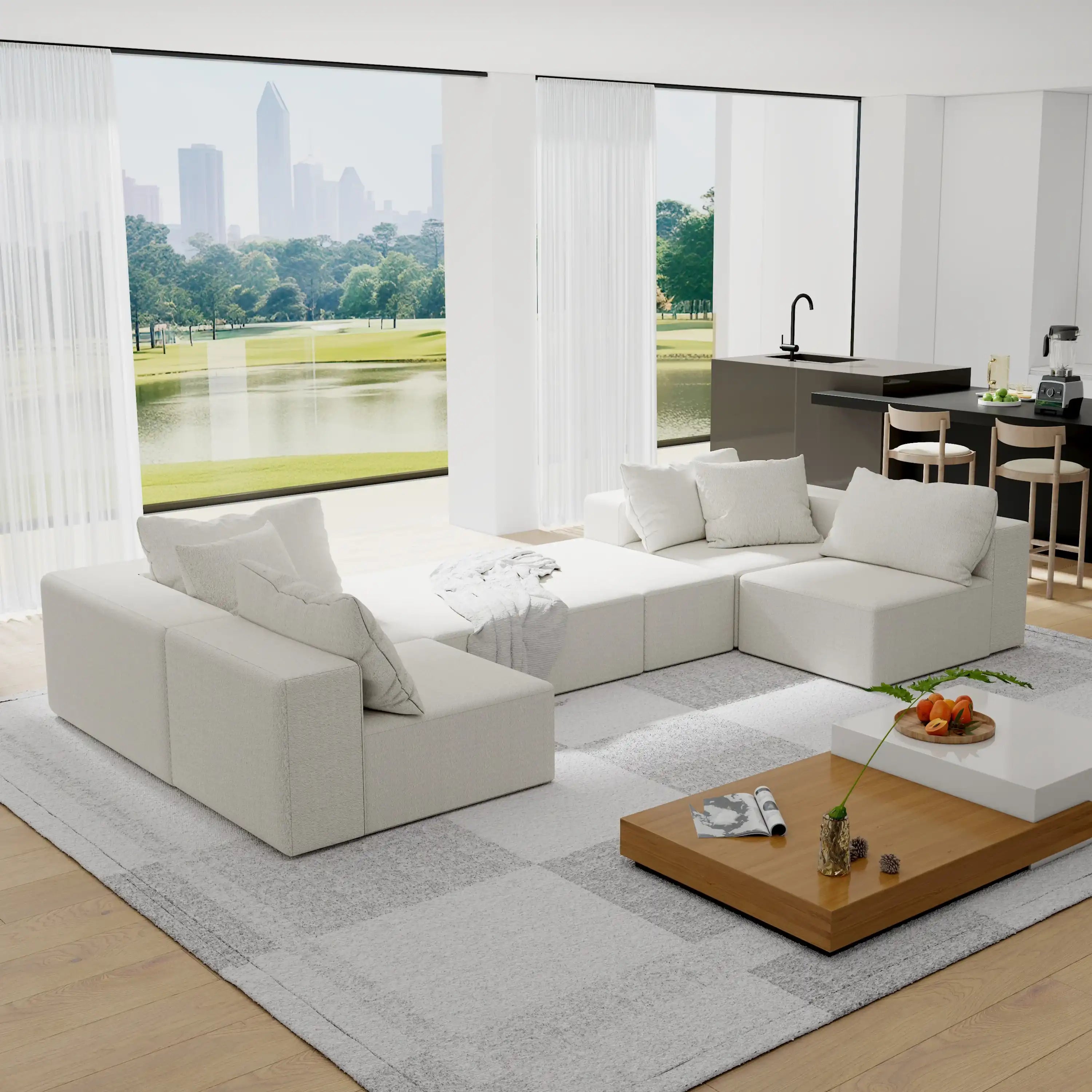 Modern Upholstered Modular Sectional Sofa Set, 132" L, 6 Pillows