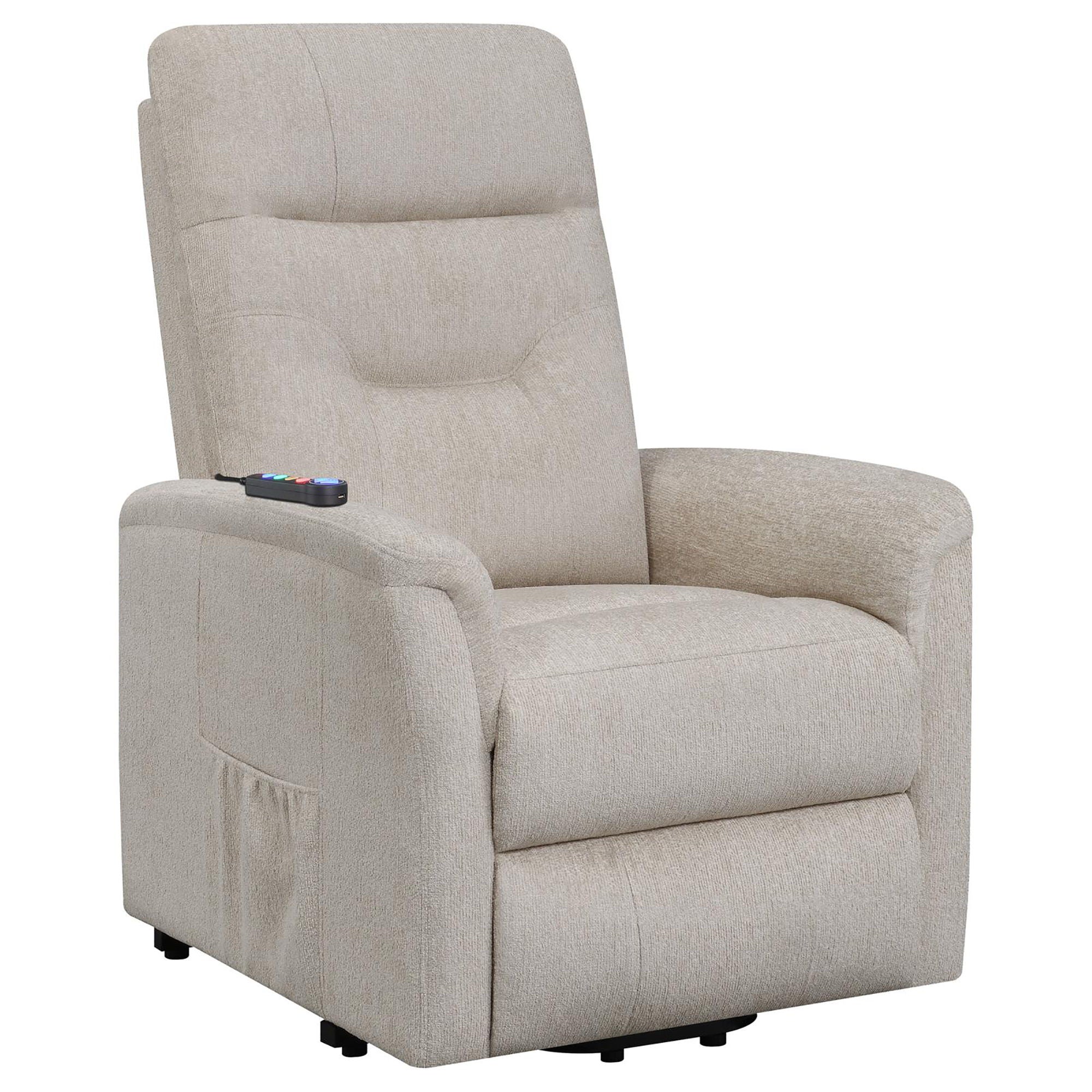 Upholstered Power Lift Recliner With Storage Pocket And USB Charging - Beige