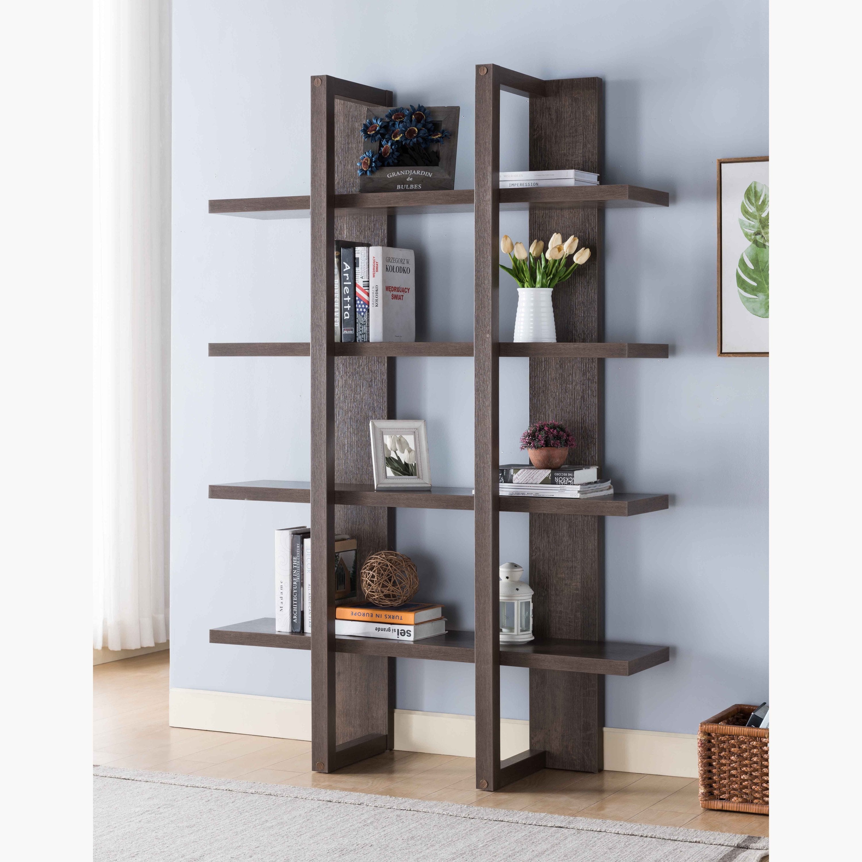 Walnut Oak 4-Tier Open Display Cabinet