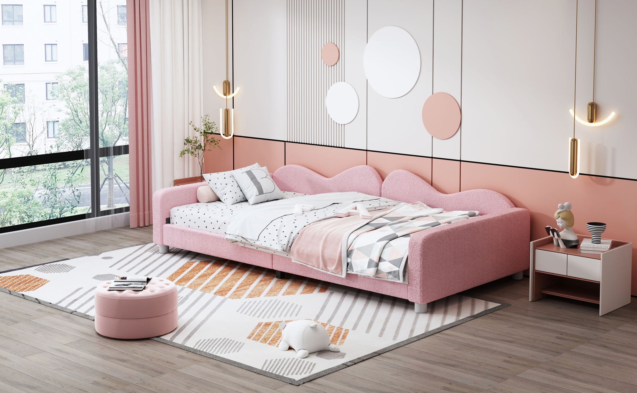 Upholstered Daybed, Sherpa Fabric Sofabed With Cloud-Shaped Backrest