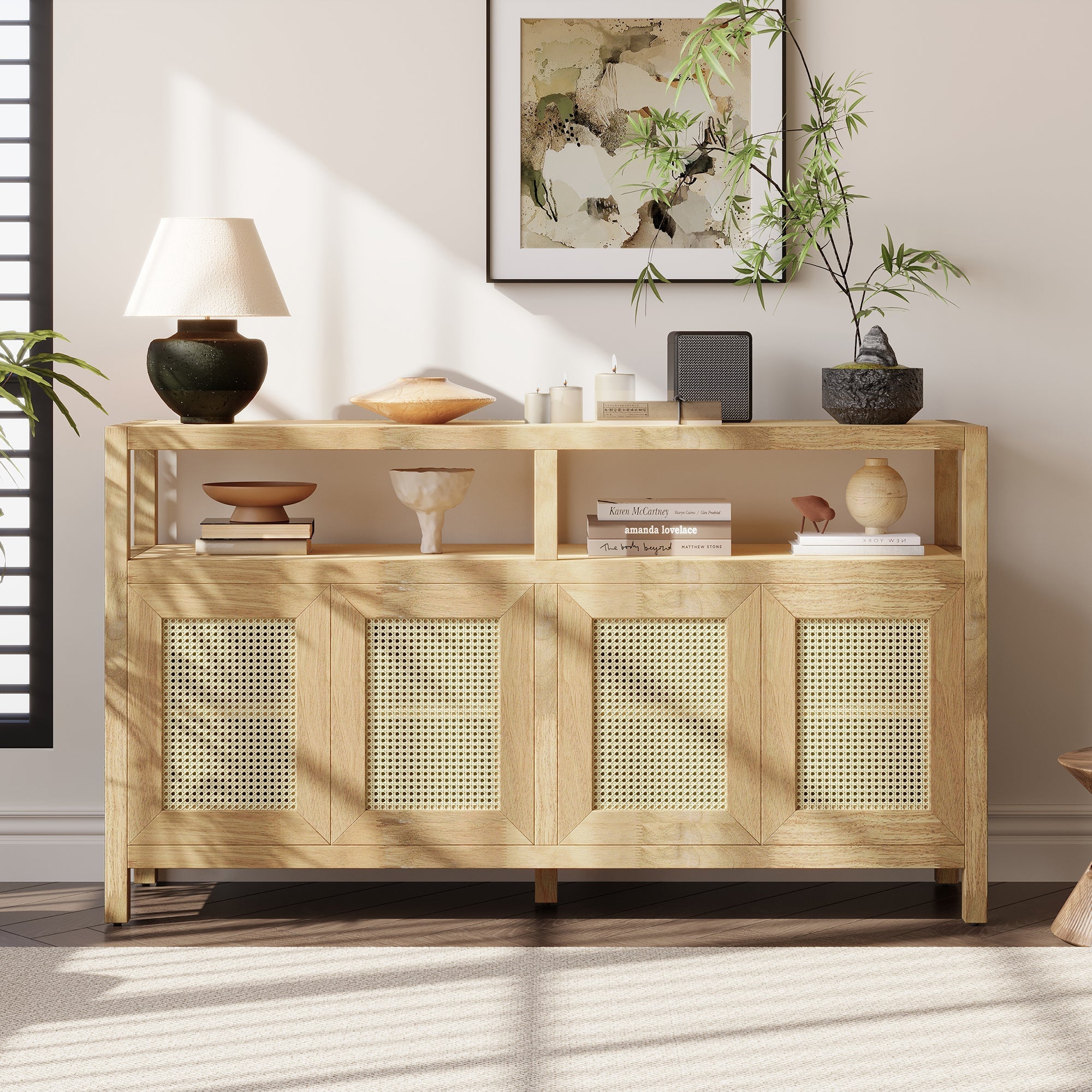 Bohemian Style Rattan Buffet Storage Cabinet with Solid Wood Frame