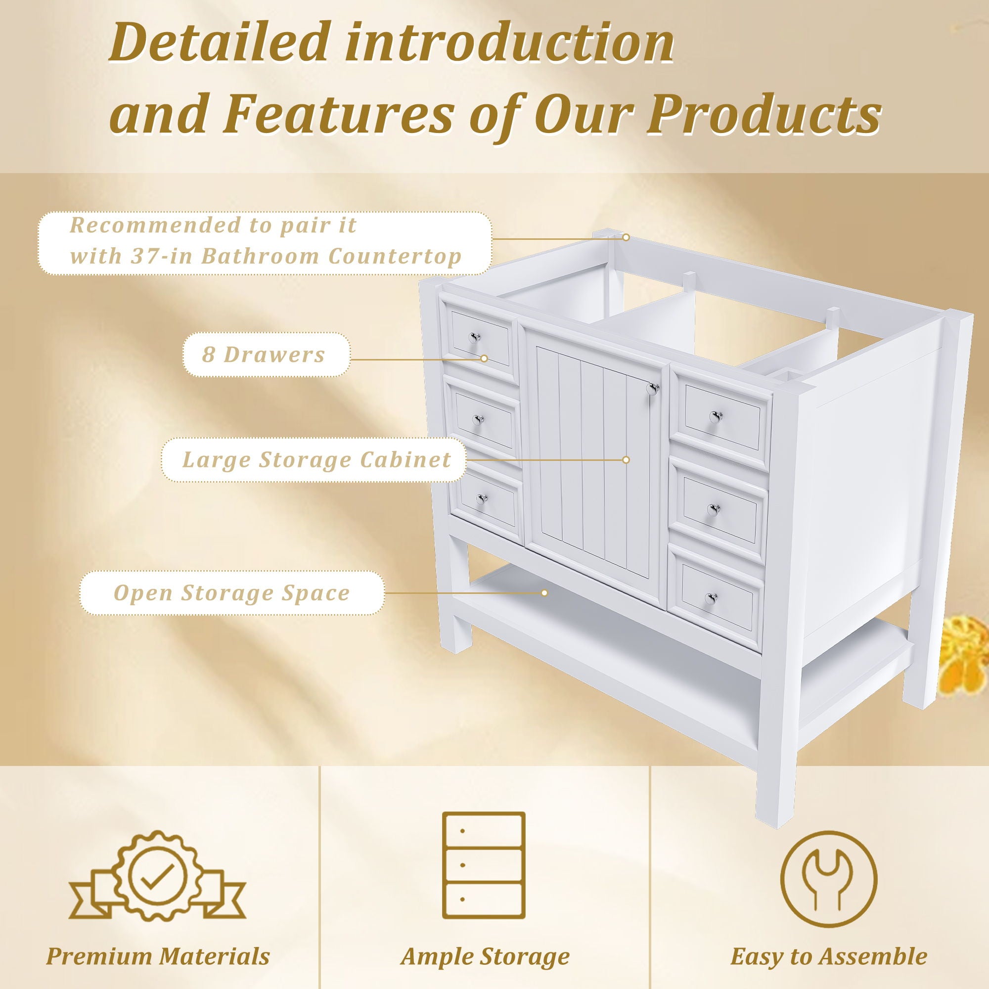 36" Bathroom Vanity With 1 Cabinet And 3 Drawers 1, Storage Solution - White