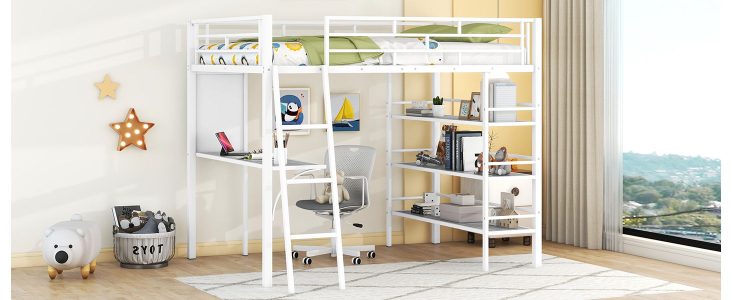 Bed With 3 Layers Of Shelves And Desk, Stylish Frame Bed