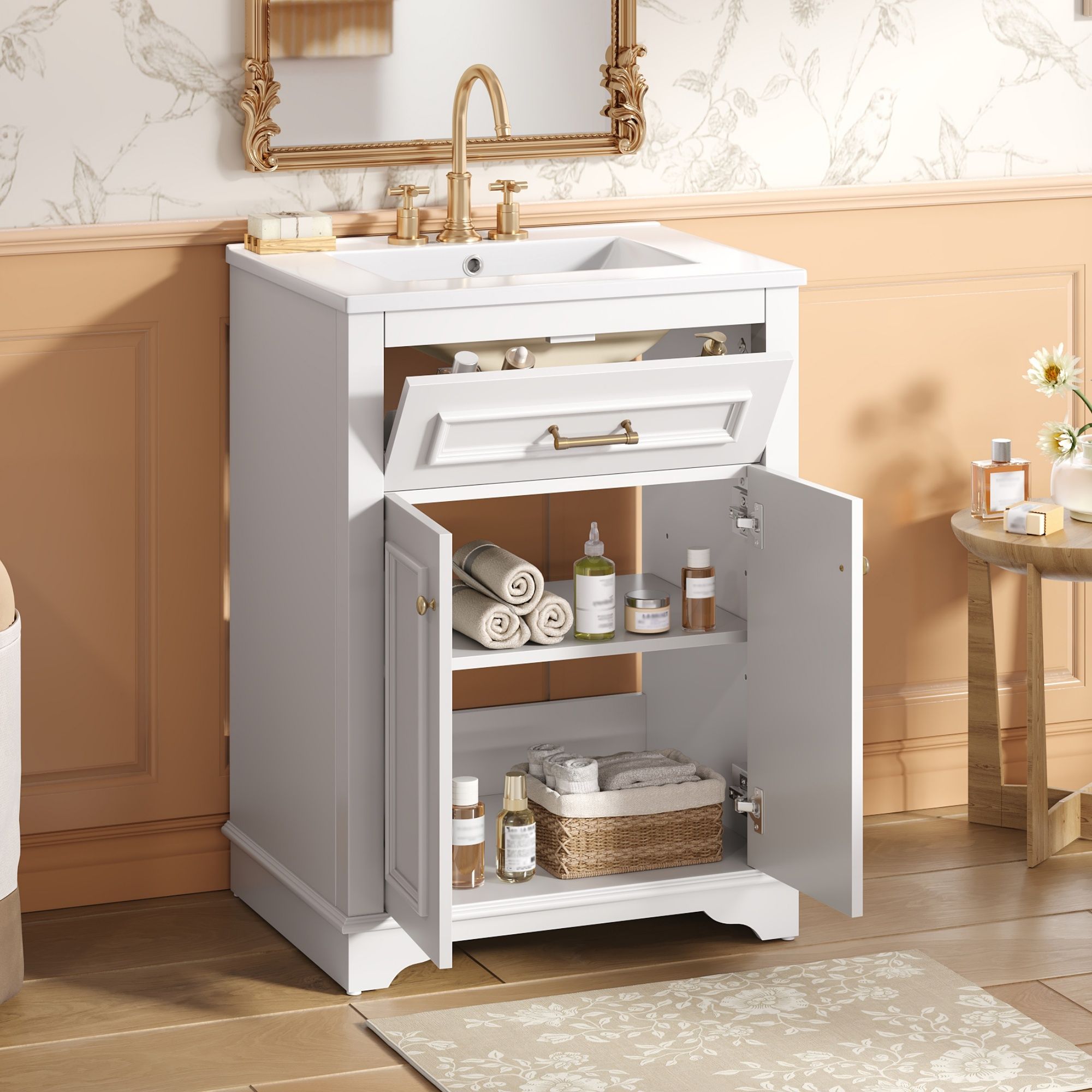 Bathroom Vanity With Integrated Sink, 2 Door Cabinet With Tip Out Drawer, Rectangular Design