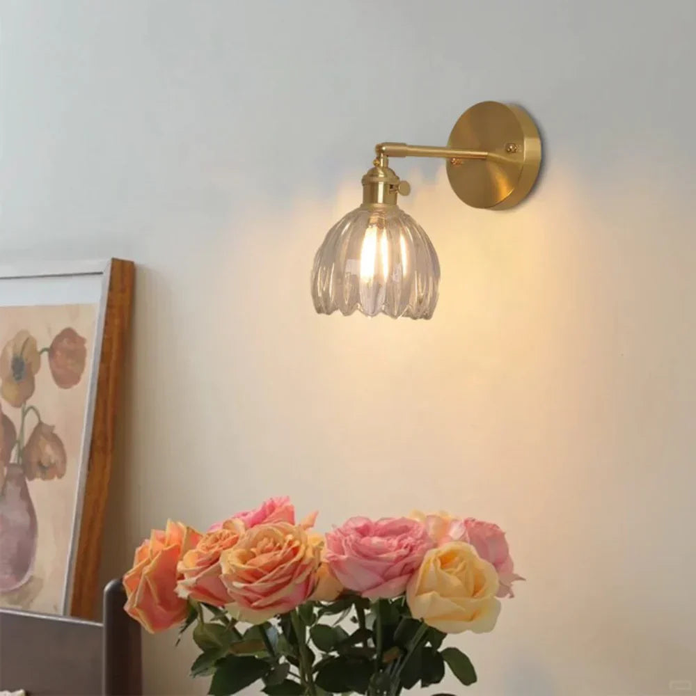 Vintage Brass Tulip Glass Wall Sconce 1-Light Classic Wall Light