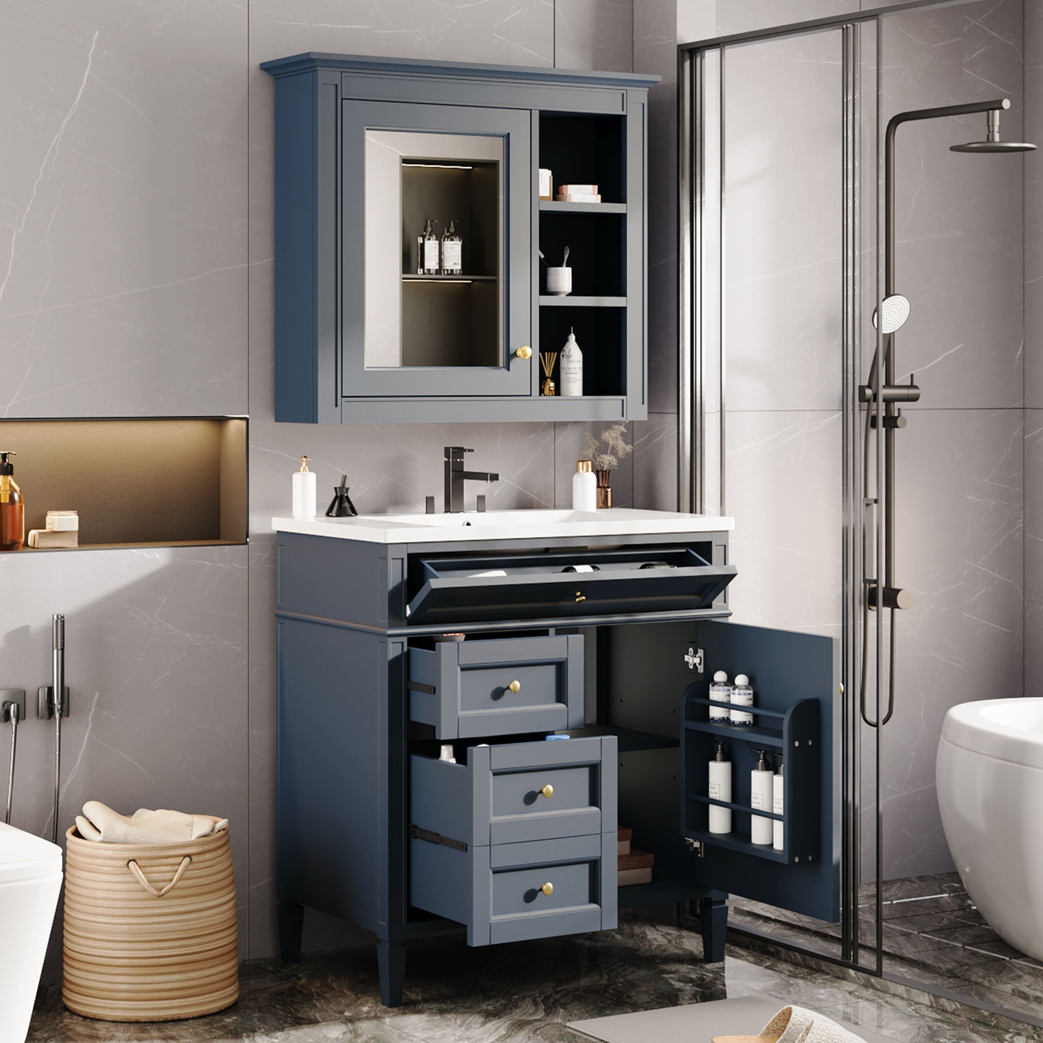 Bathroom Vanity With Medicine Cabinet, Royal Blue Mirror Cabinet, Modern Bathroom Storage Cabinet With 2 Soft Closing Doors And 4 Drawers
