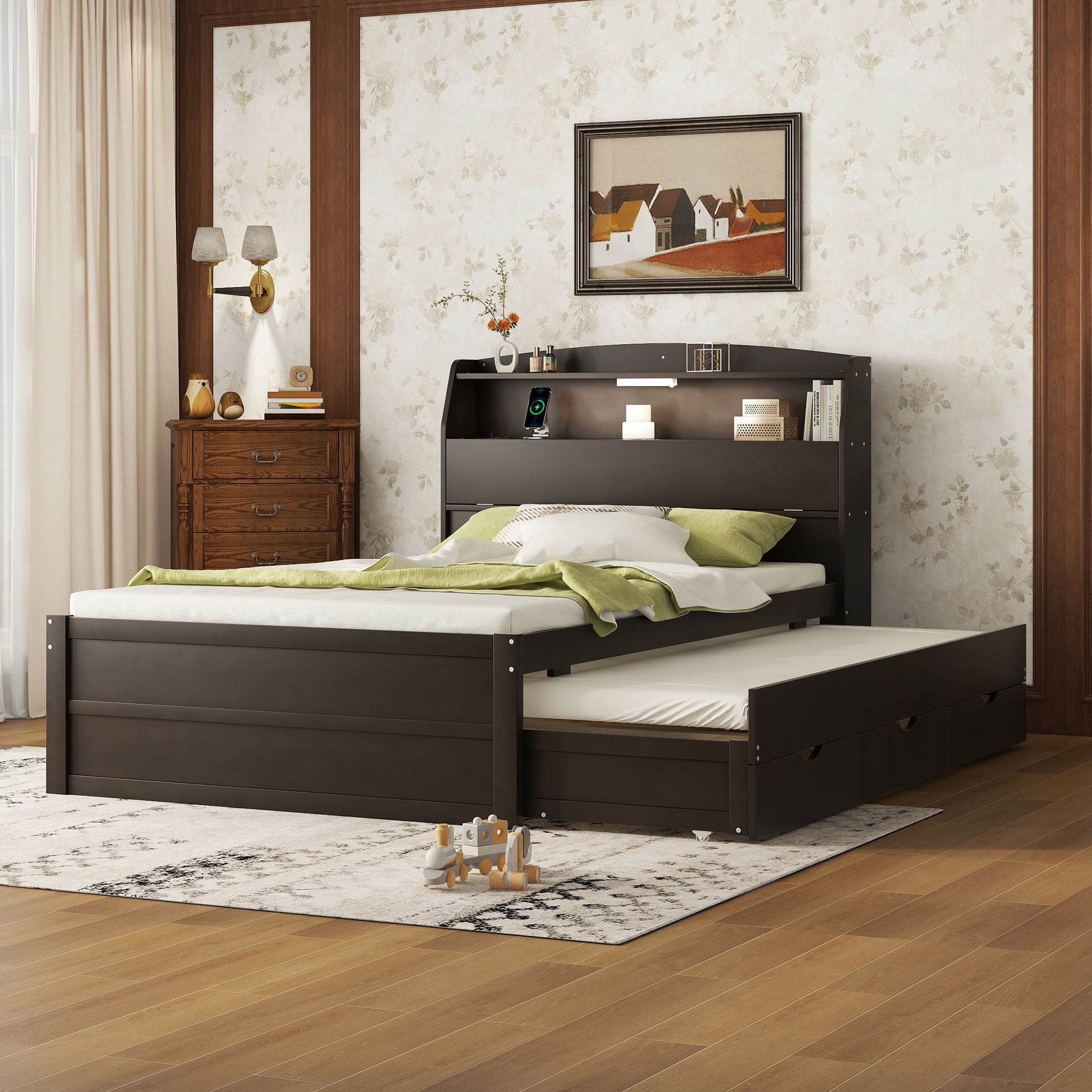 LED Platform Bed With Trundle With Storage Headboard With Drawers