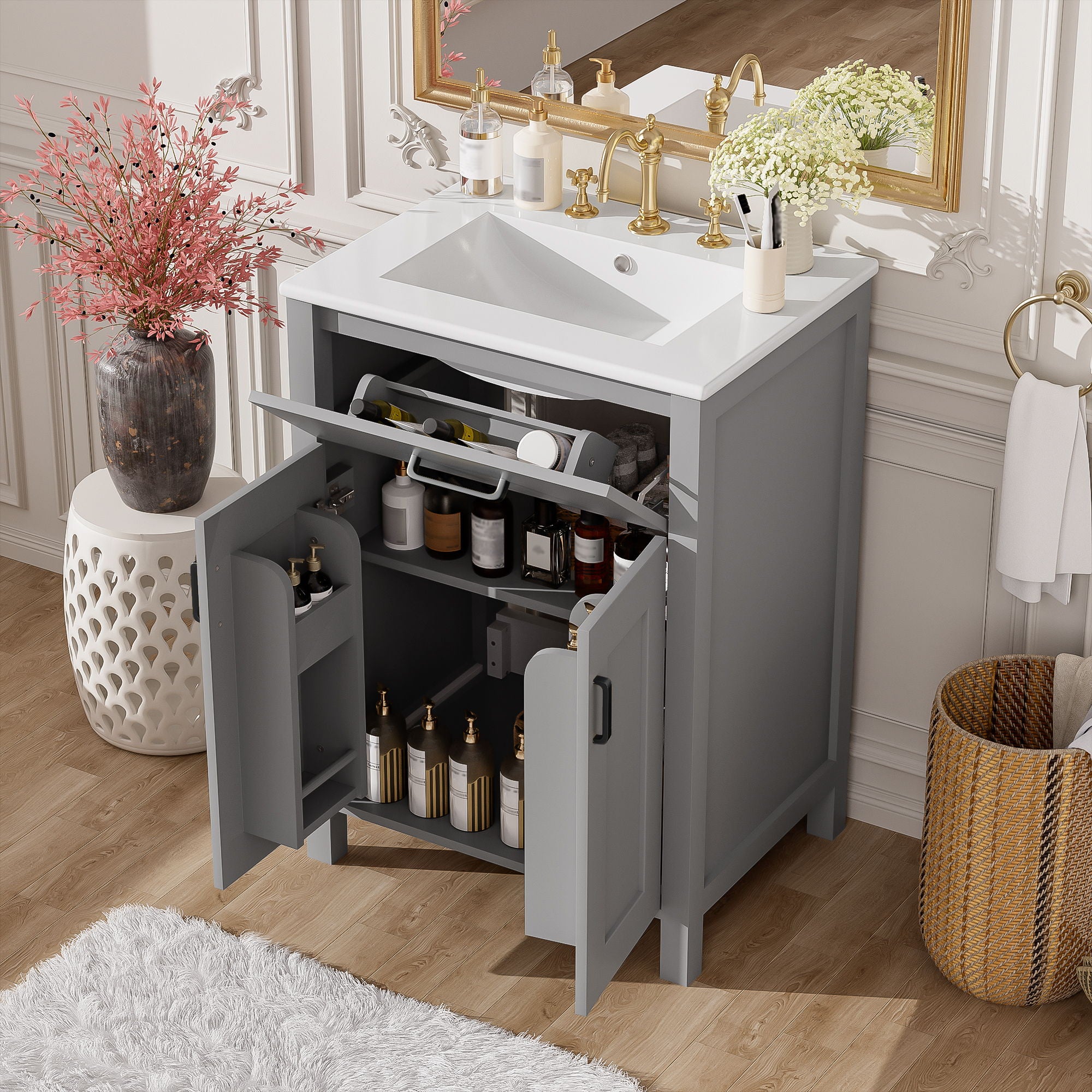 Bathroom Vanity Combo With Sink, Space Saving Design - Gray