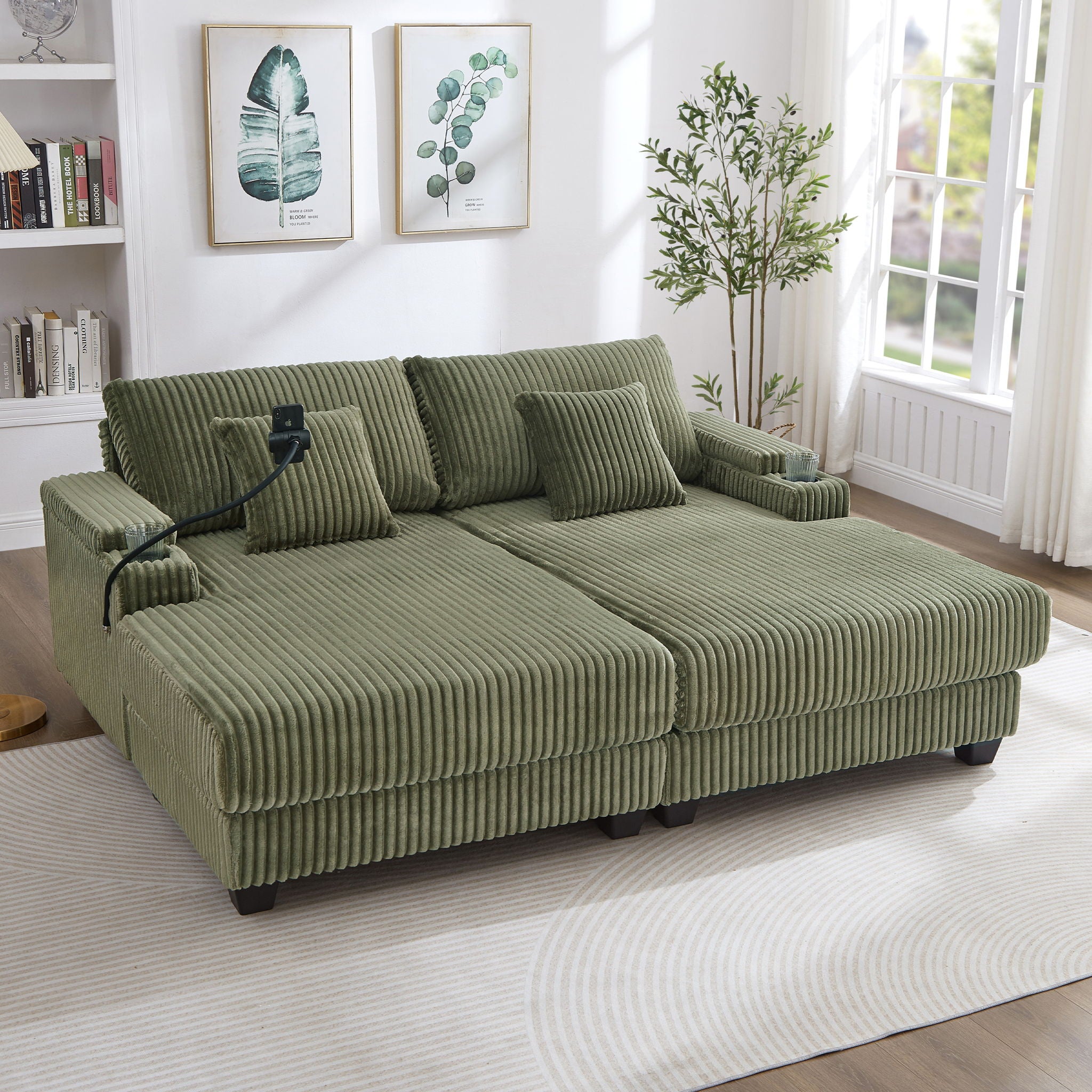 Modern Chaise Sofa With Adjustable Backrest, Cup Holders, Phone Holder & Storage Compartments For Living Room