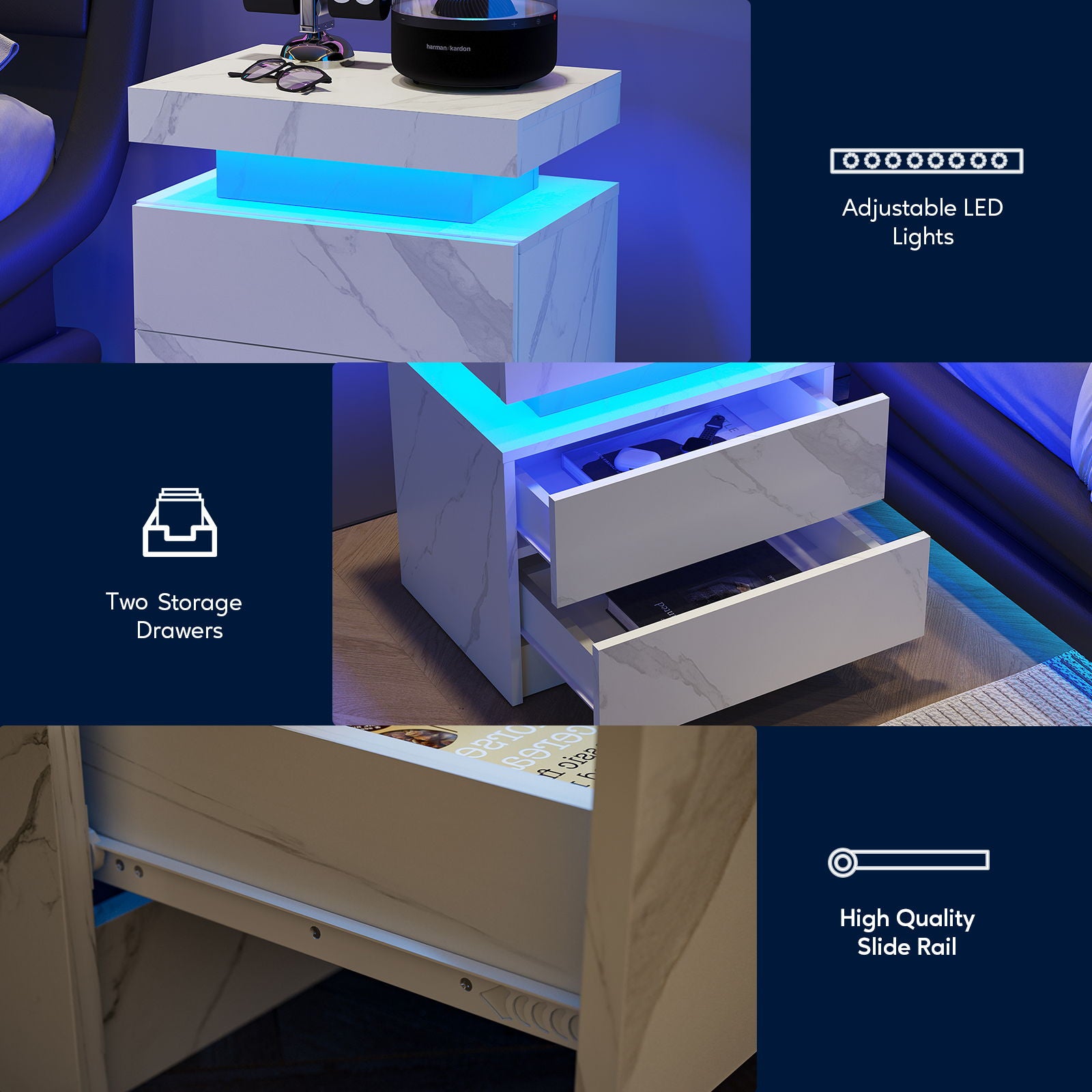 Nightstand LED, Bedside Table Cabinet With 2 Drawers For Bedroom - Best Buy Furniture