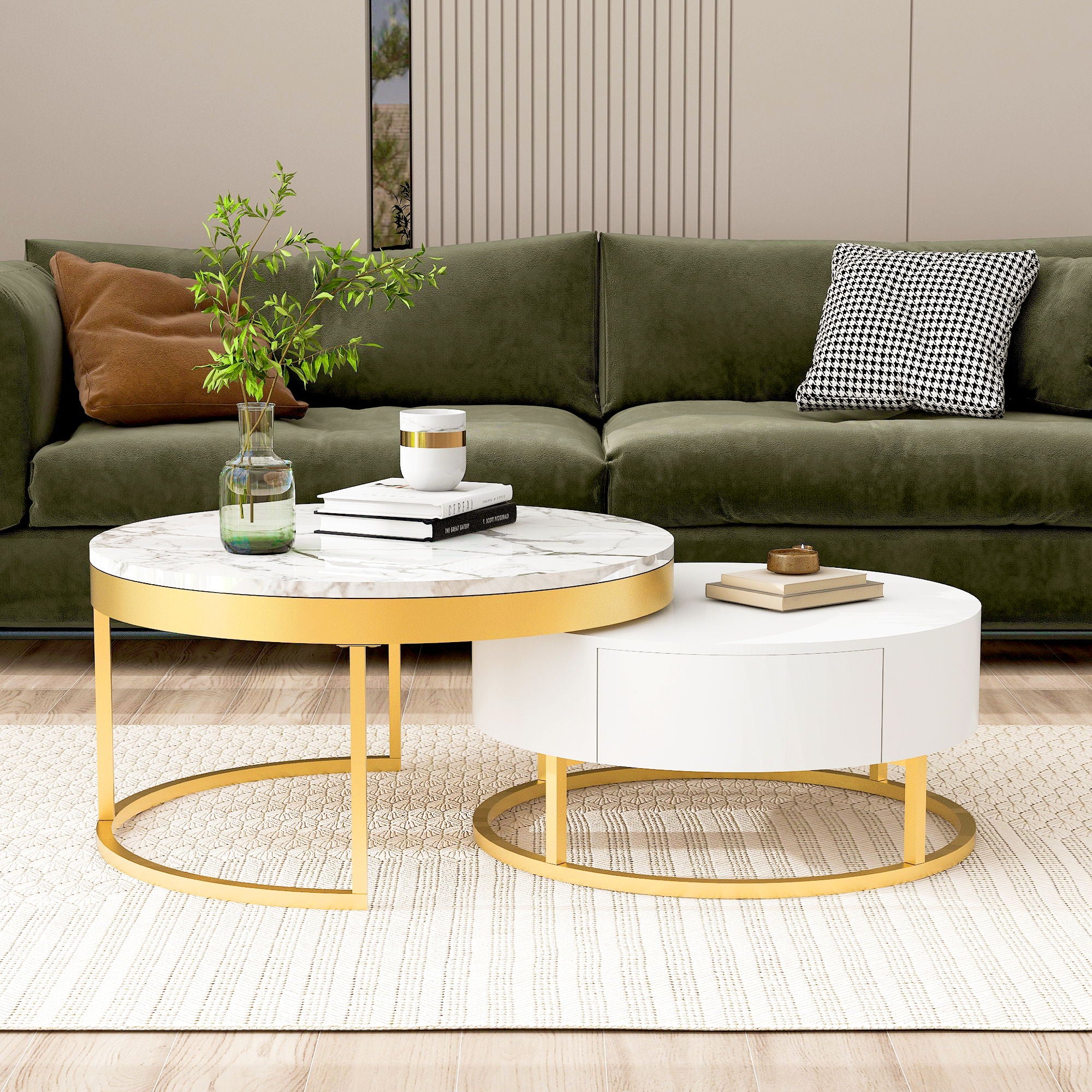 Round Nesting Coffee Table With Drawers - Golden / White
