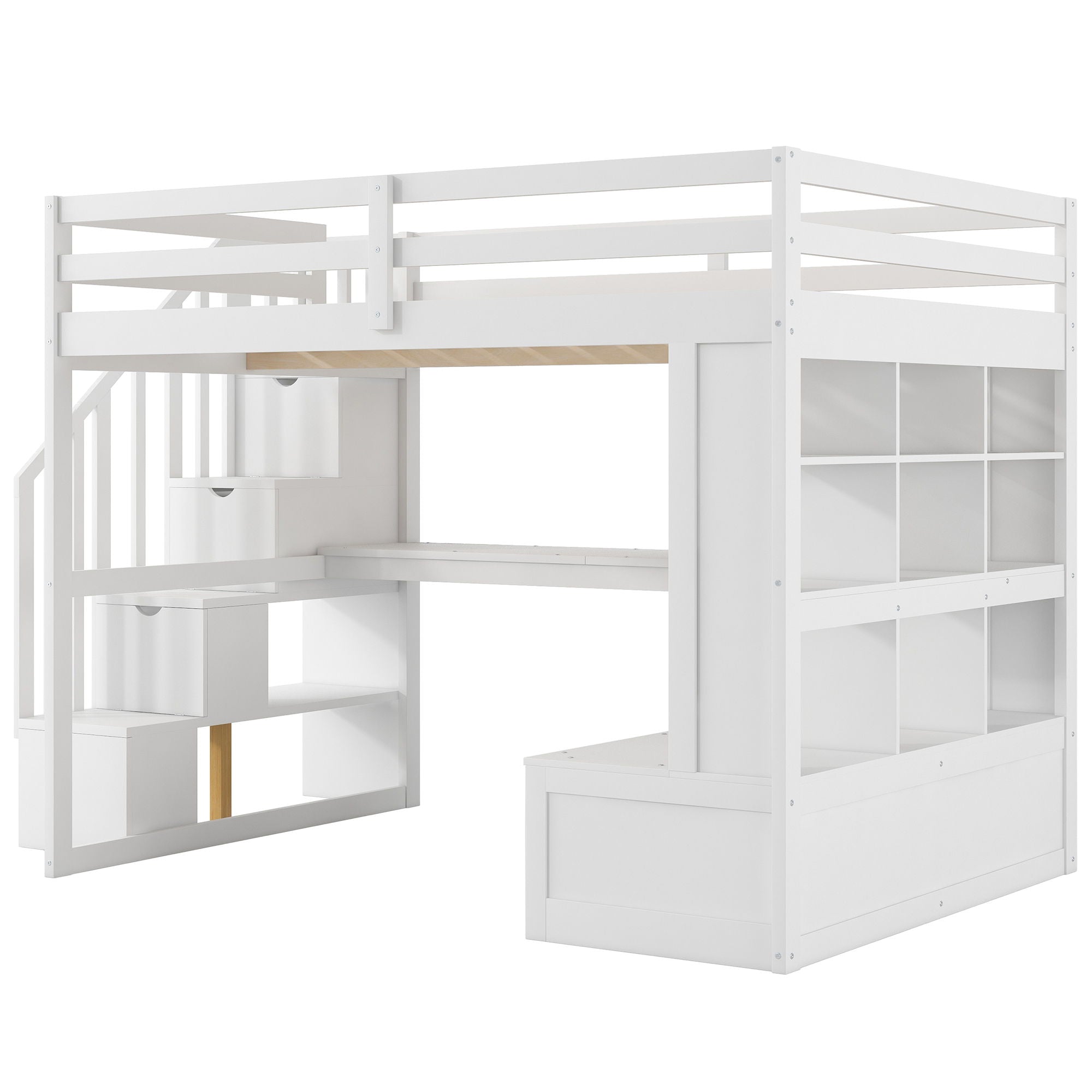Full Size Loft Bed With Desk And Shelves, 2 Built In Drawers, Storage Staircase - White
